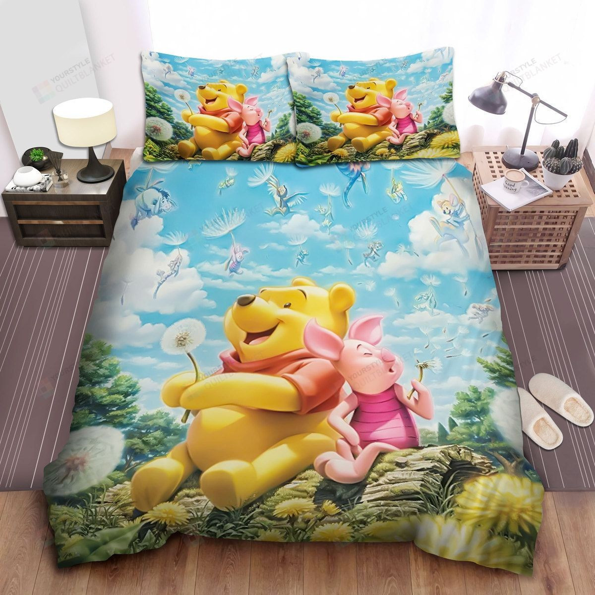 Disney Winnie The Pooh & Piglet Blowing Dandelion Bed Sheets Spread Comforter Duvet Cover Bedding Sets