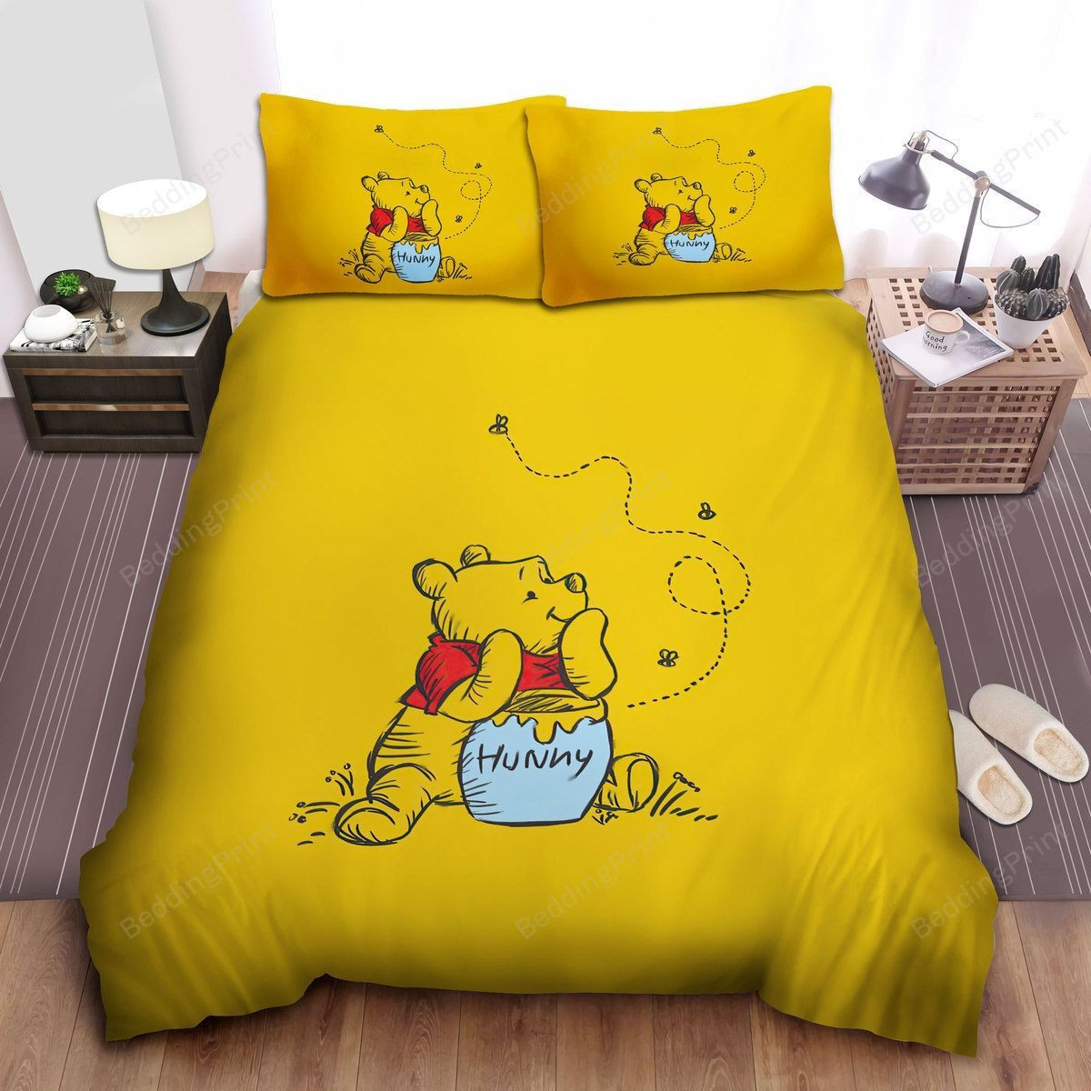 Disney Winnie The Pooh And Hunny Pot Drawing On Yellow Bed Sheets Spread Duvet Cover Bedding Sets