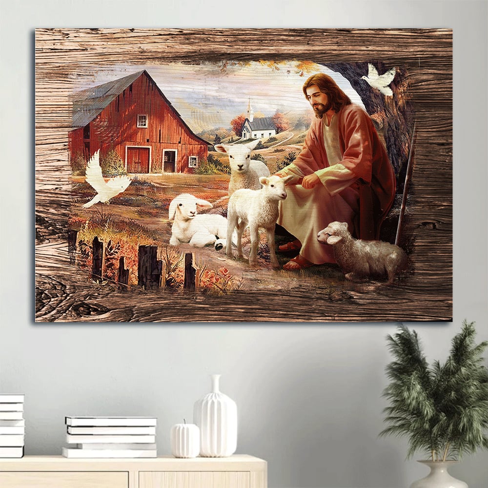 Dove Jesus Painting Peaceful Farm Sitting With The Lambs Canvas Wall Art – Christian Wall Decor