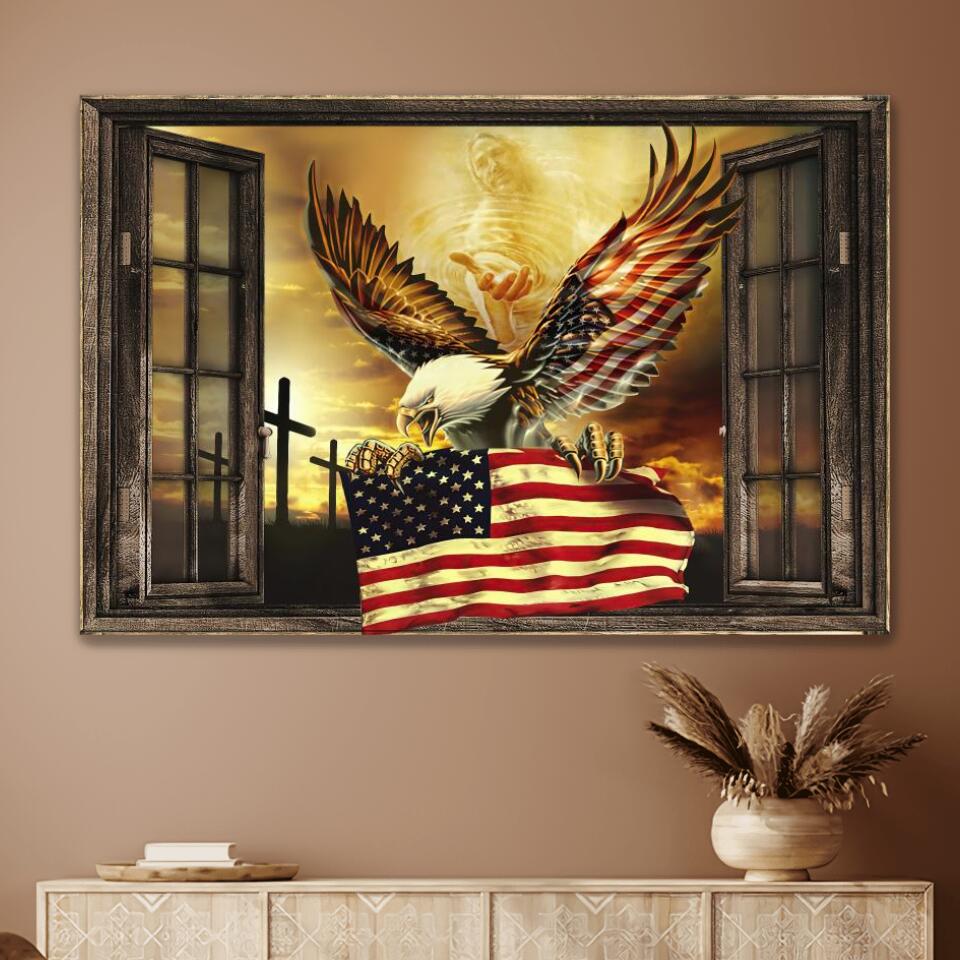 Eagle Through The Windows Jesus American Flag Canvas Wall Art – Christian Poster – Religious Wall Decor