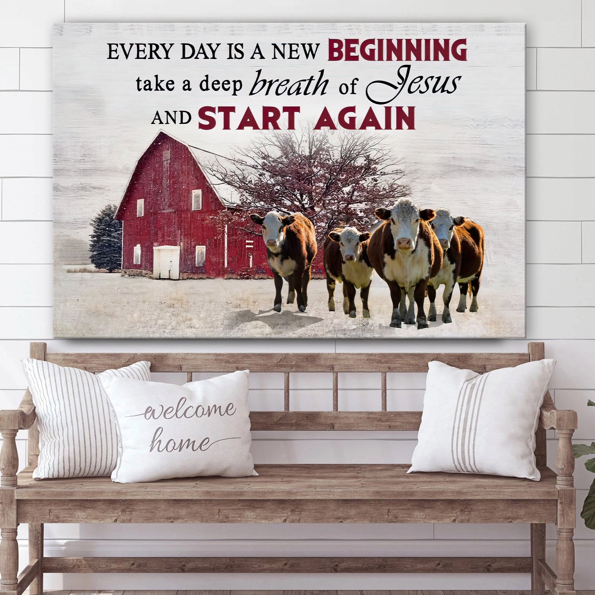 Every Day Is A New Beginning Breath Of Jesus Wall Art Canvas – Cow Old Barn Christian Decor