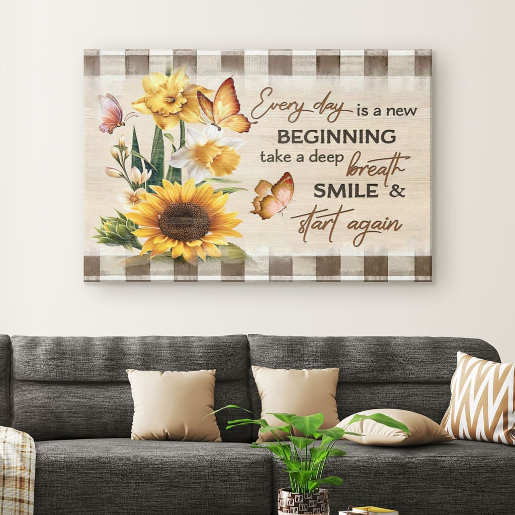 Every Day Is A New Beginning Butterfly Sunflowers Wall Art Canvas – Religious Wall Decor