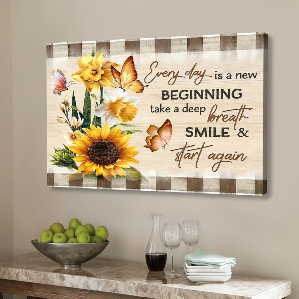 Every Day Is A New Beginning Butterfly Sunflowers Wall Art Canvas – Religious Wall Decor