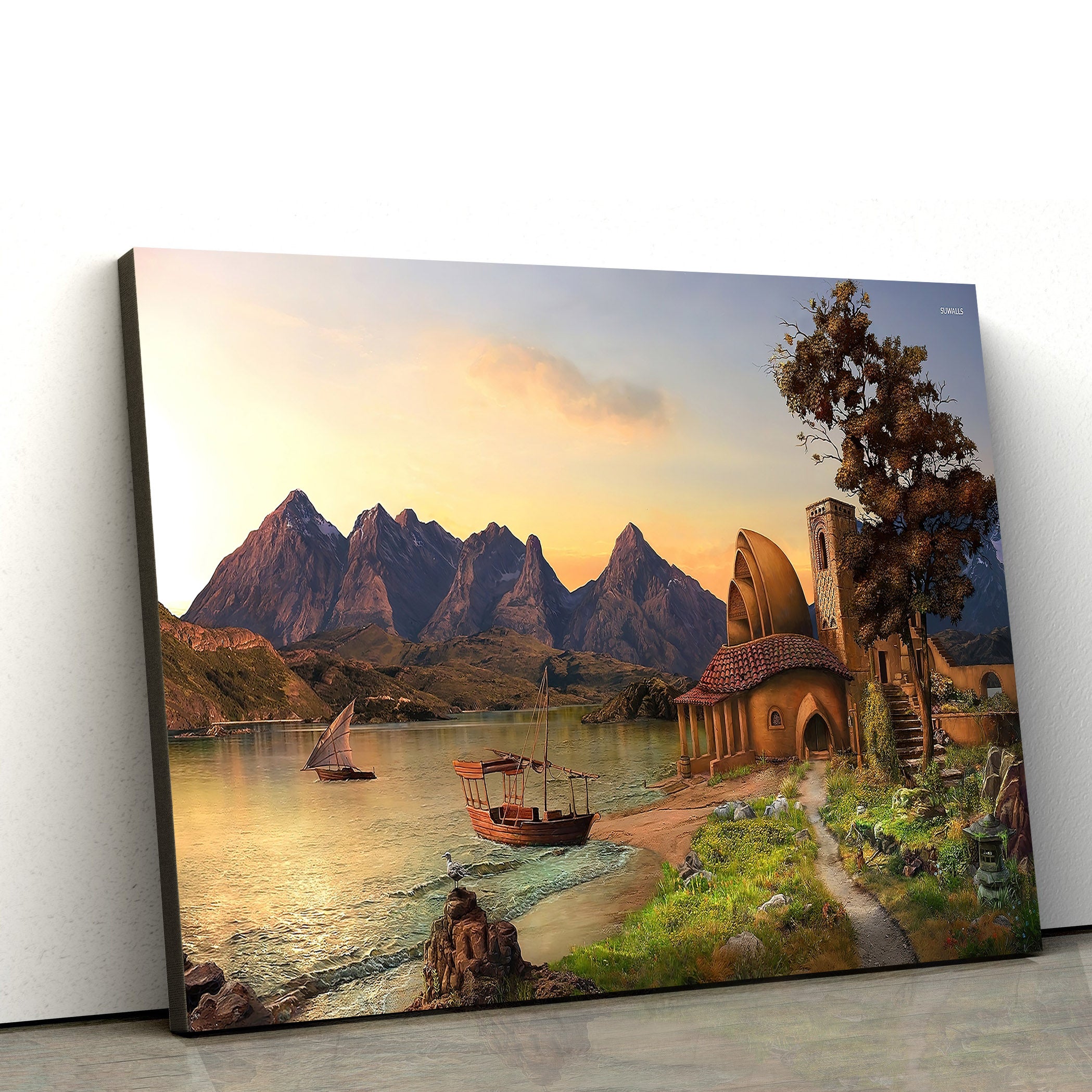 Fairy Tale Landscape House to the Mountain Canvas Wall Art – Canvas Wall Decor – Home Decor Living Room