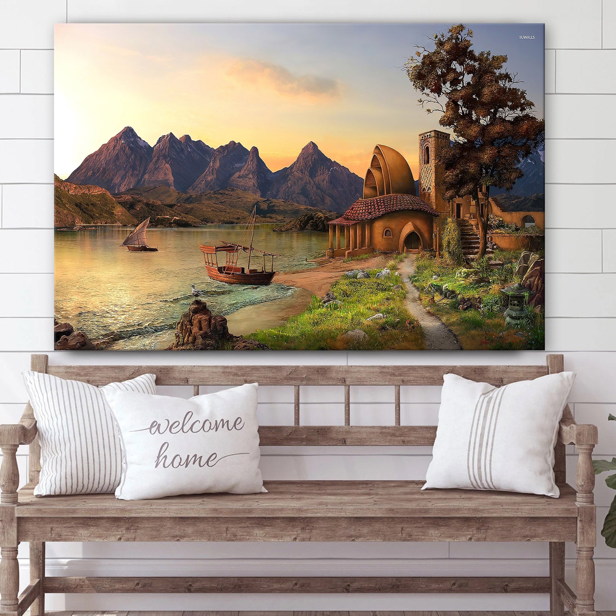 Fairy Tale Landscape House to the Mountain Canvas Wall Art – Canvas Wall Decor – Home Decor Living Room