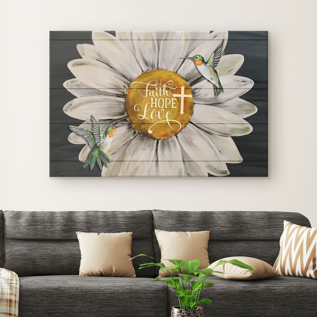 Faith Hope Love Hummingbird Sunflower Canvas Wall Art – Christian Canvas – Faith Canvas