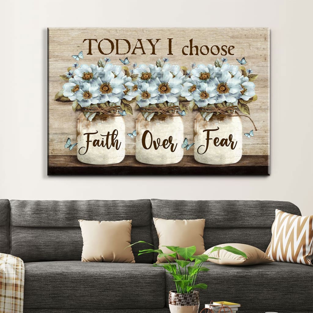 Faith Over Fear Wall Art Canvas, White Daisy Flowers, Christian Wall Decor – Religious Wall Decor