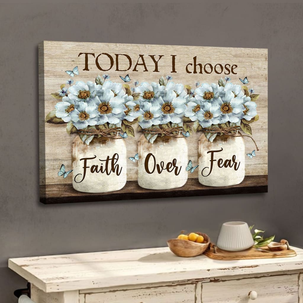 Faith Over Fear Wall Art Canvas, White Daisy Flowers, Christian Wall Decor – Religious Wall Decor