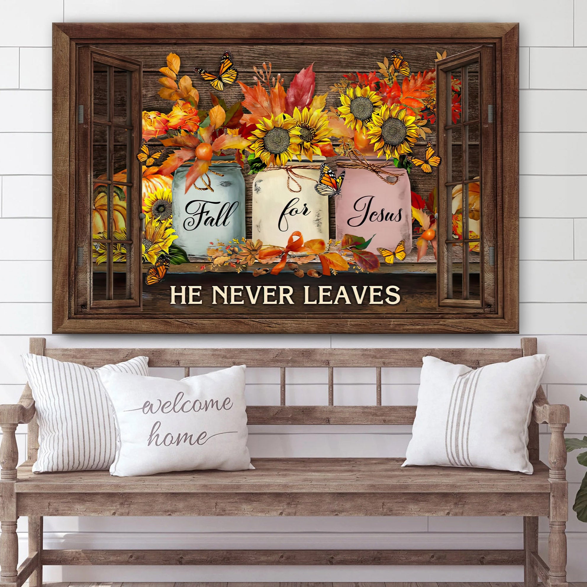 Fall For Jesus He Never Leaves Thanksgiving Autumn Christian Wall Art Canvas – Wall Paintings