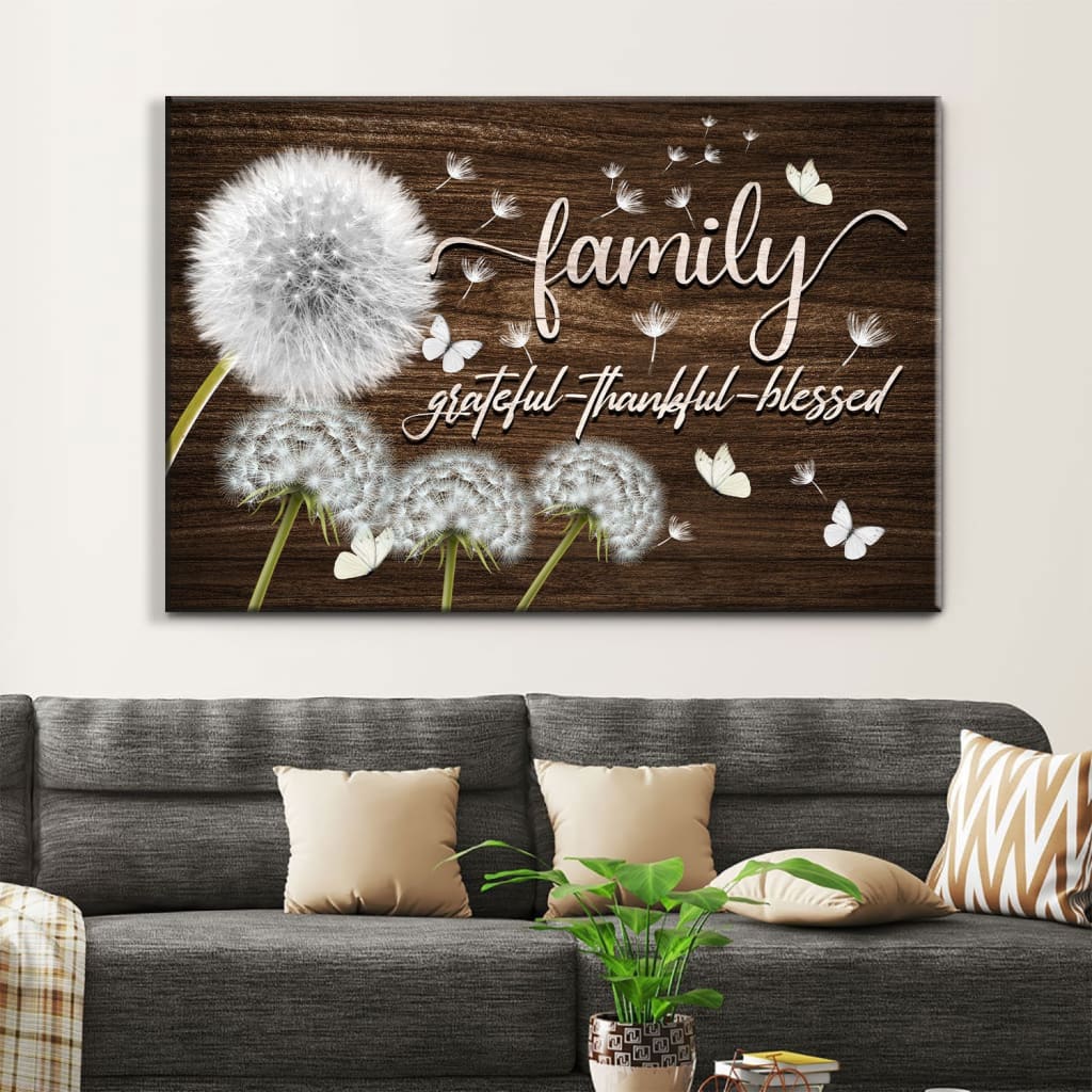 Family Grateful Thankful Blessed Wall Art Canvas, Dandelions Christian Wall Decor – Religious Wall Decor