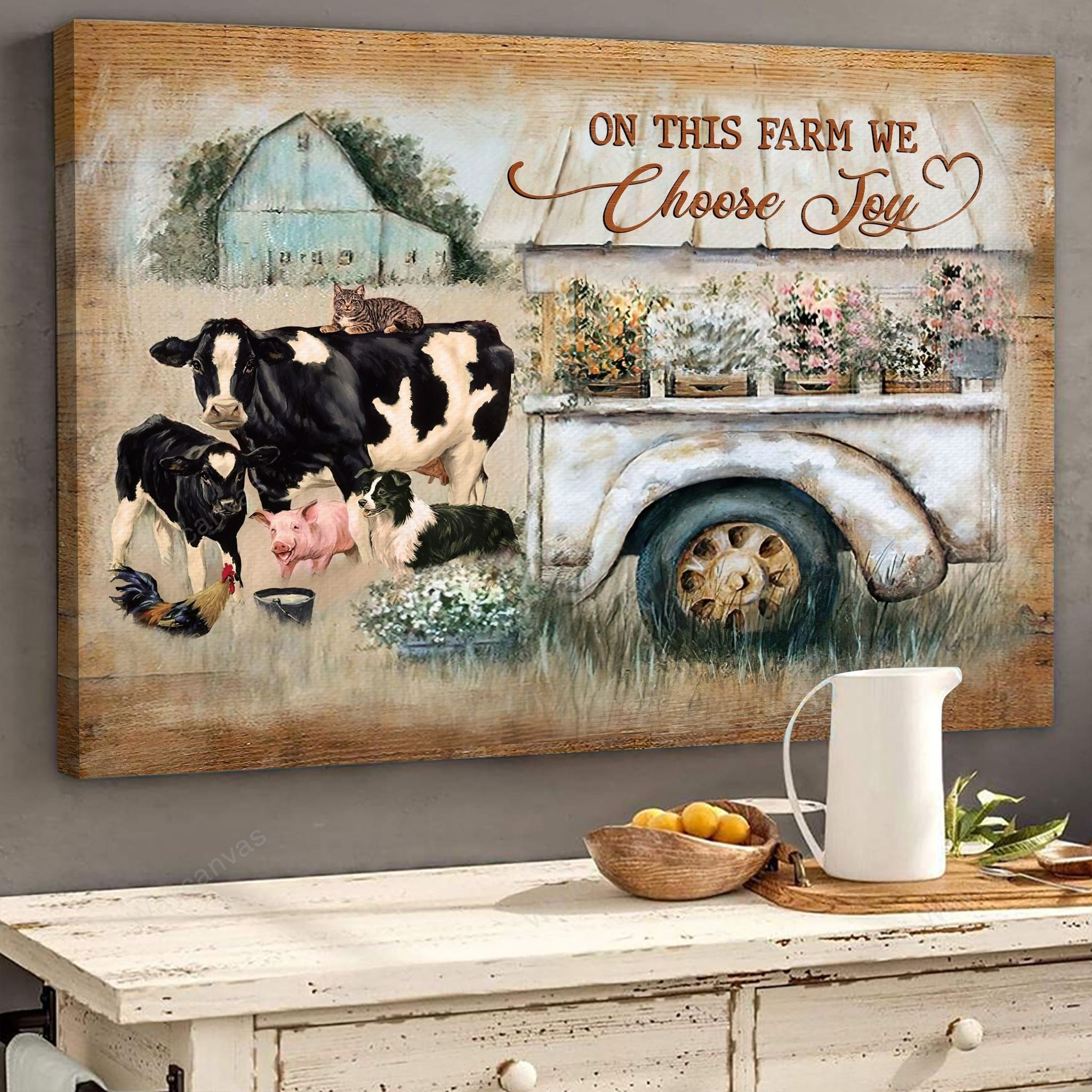 Farm Animals Flower Car Peaceful Life Gift For Farm Lover On This Farm We Choose Joy Canvas Wall Art – Christian Wall Decor