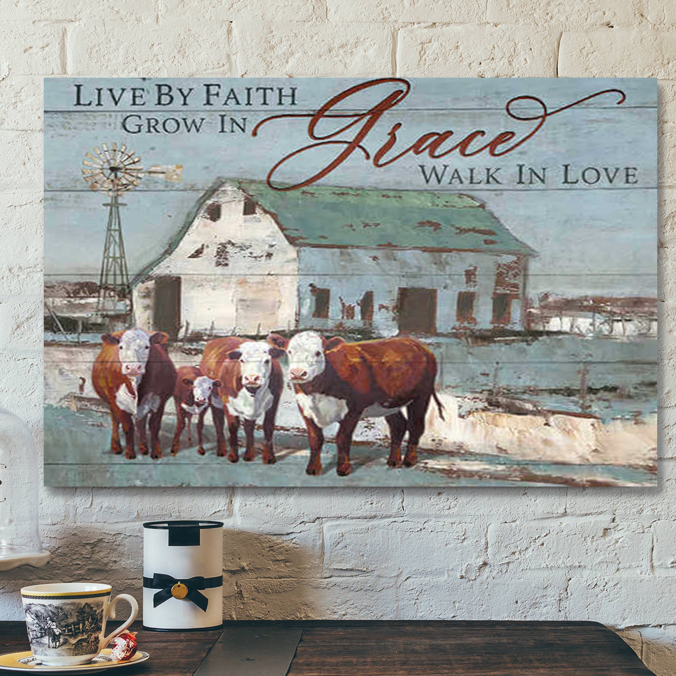 Farm Farmhouse Hereford Cows Canvas Live By Faith – Bible Verse Canvas – Scripture Canvas Wall Art