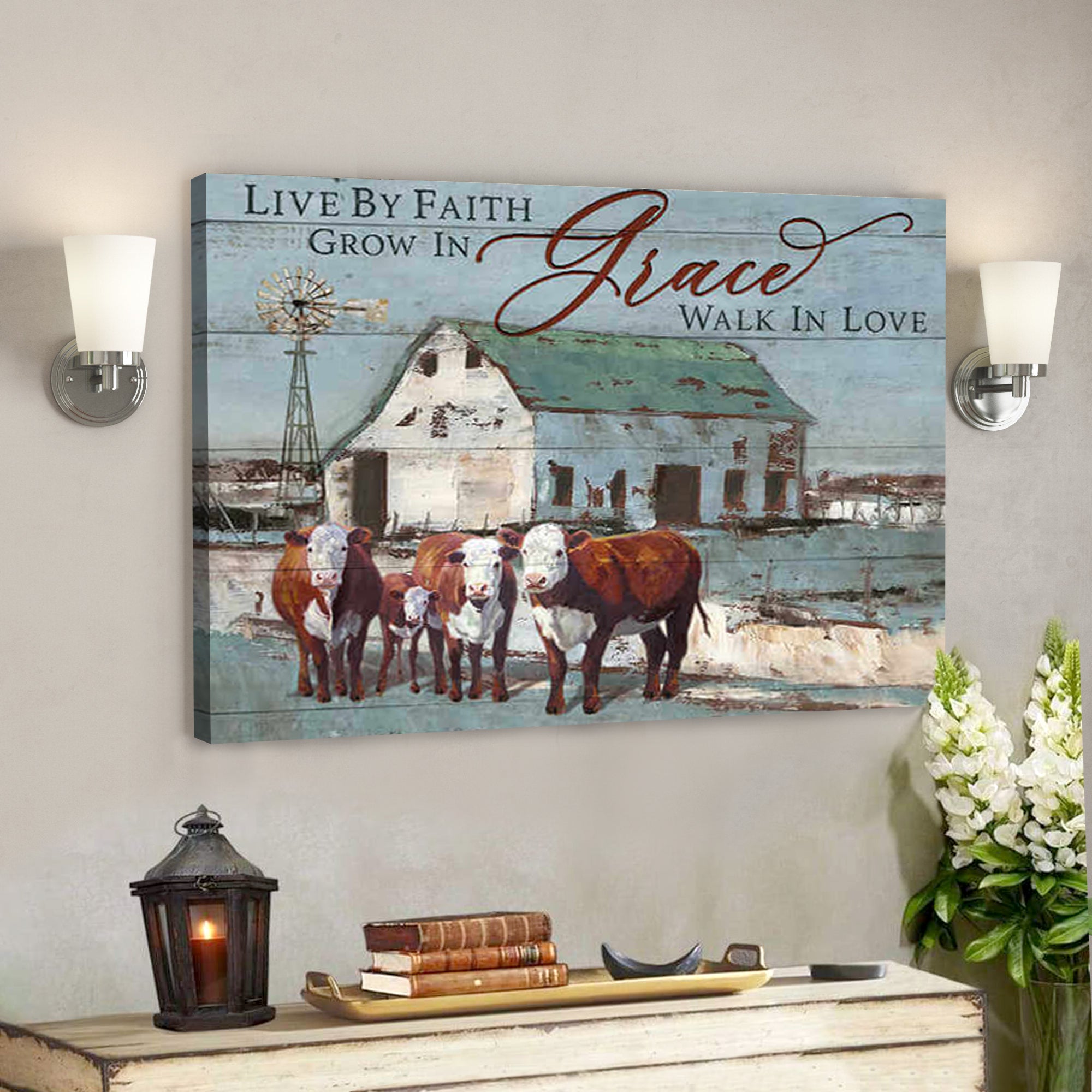 Farm Farmhouse Hereford Cows Canvas Live By Faith – Bible Verse Canvas – Scripture Canvas Wall Art