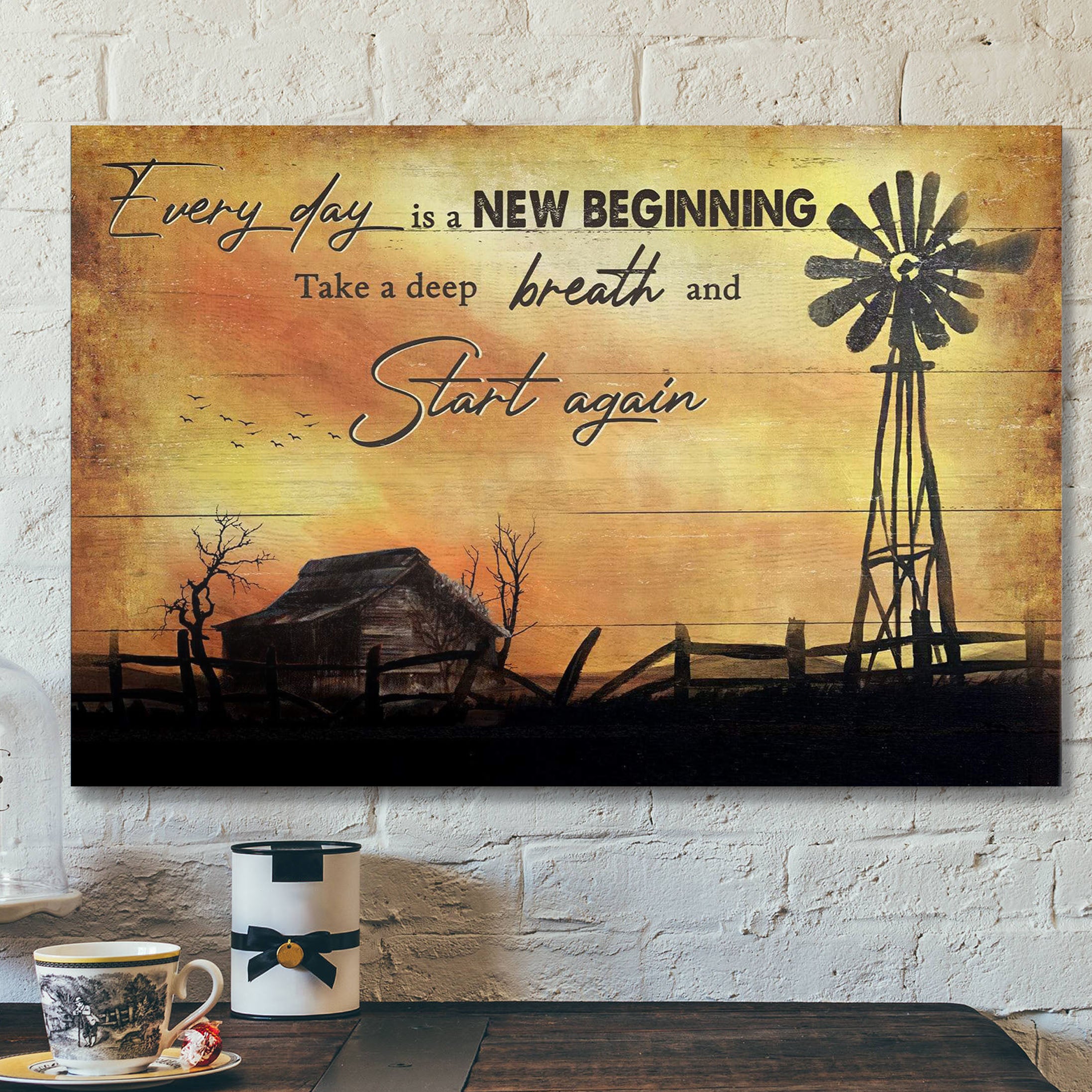 Farm Sunset Windmill – Everyday Is A New Beginning – Bible Verse Canvas – Scripture Canvas Wall Art