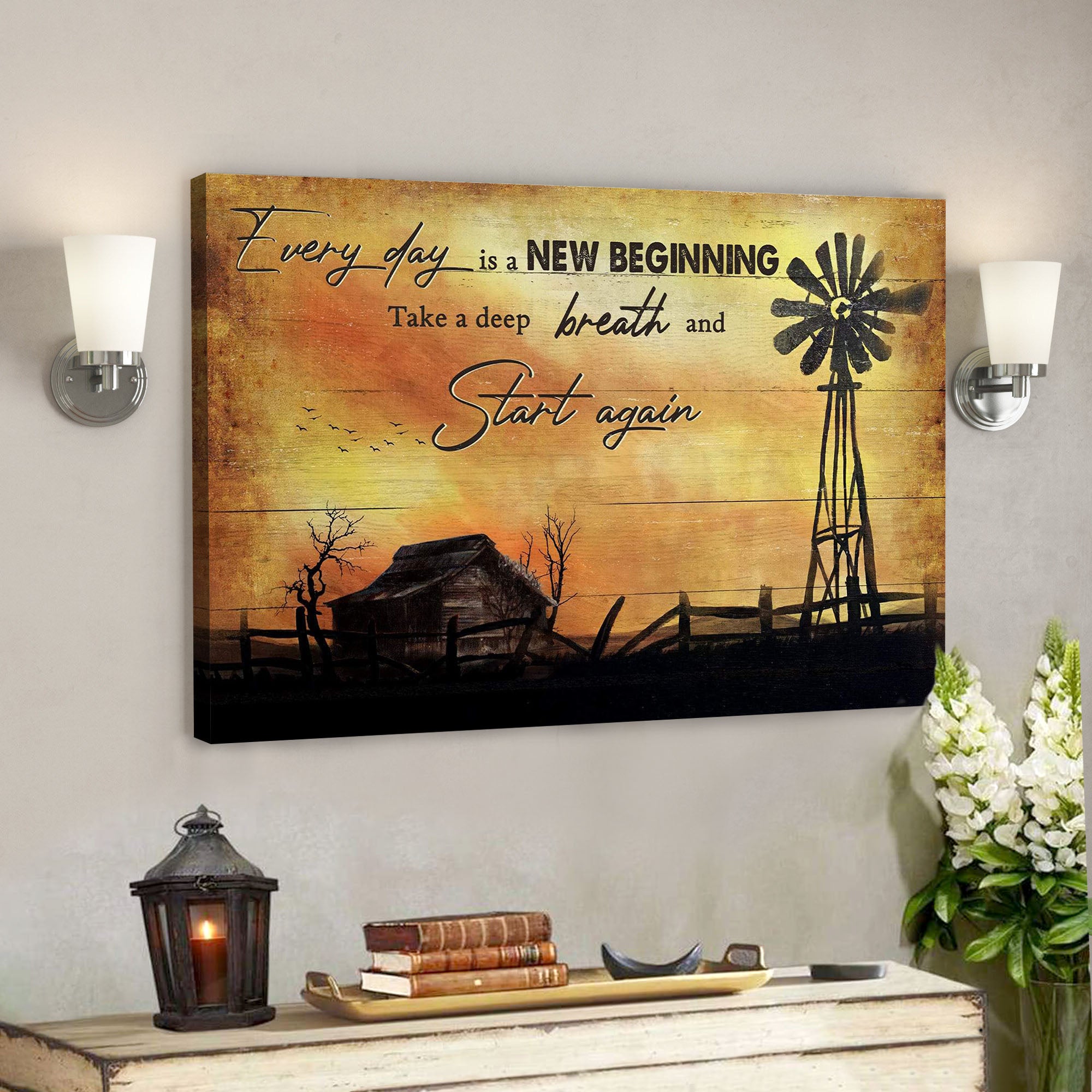 Farm Sunset Windmill – Everyday Is A New Beginning – Bible Verse Canvas – Scripture Canvas Wall Art