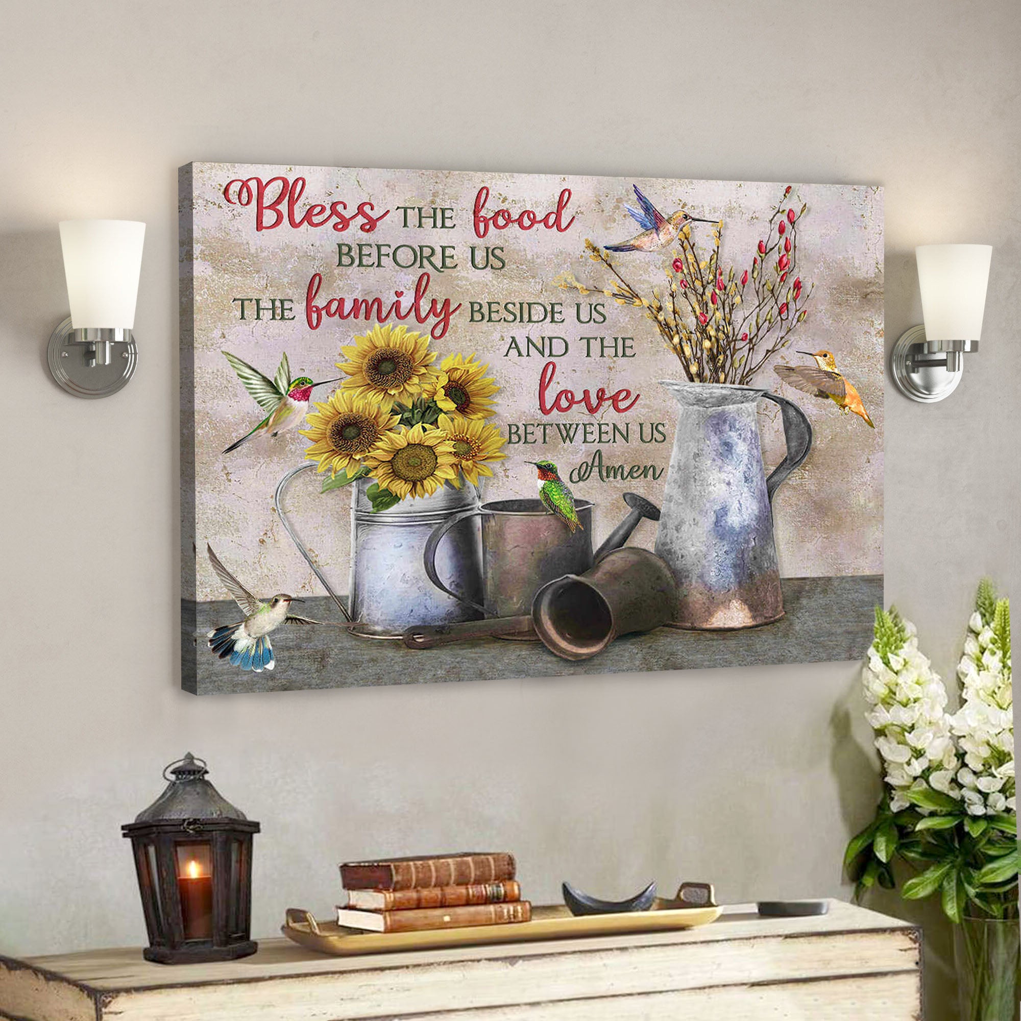 Farmhouse And Hummingbirds – Bless The Food Before Us – Bible Verse Canvas – Scripture Canvas Wall Art