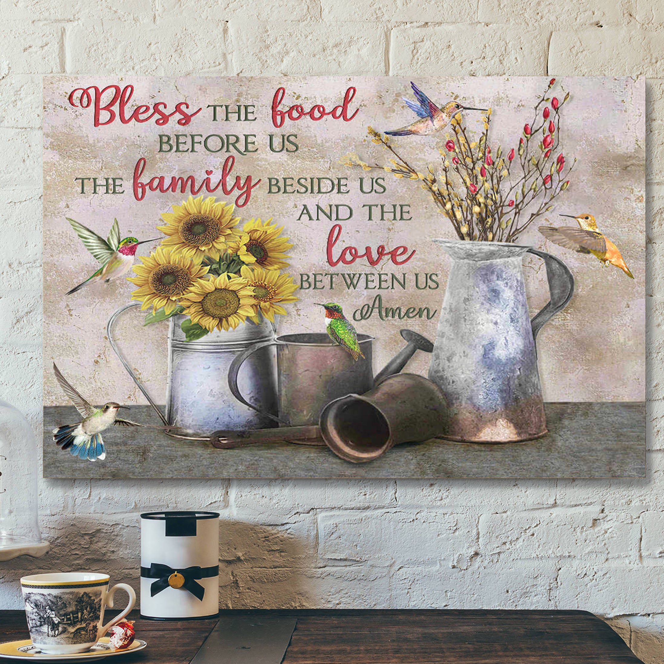 Farmhouse And Hummingbirds – Bless The Food Before Us – Bible Verse Canvas – Scripture Canvas Wall Art