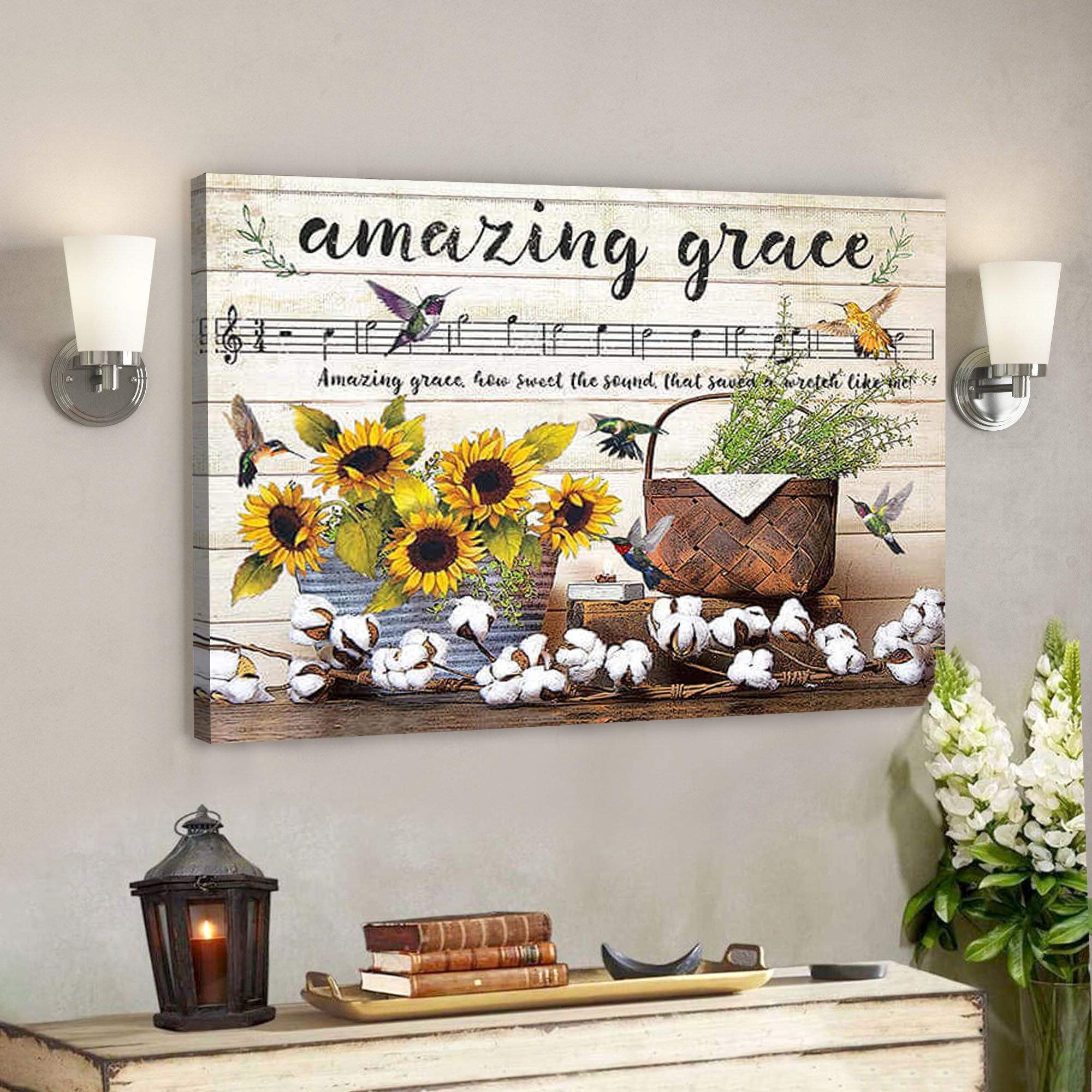 Farmhouse Hummingbirds – Amazing Grace – Bible Verse Canvas – Scripture Canvas Wall Art