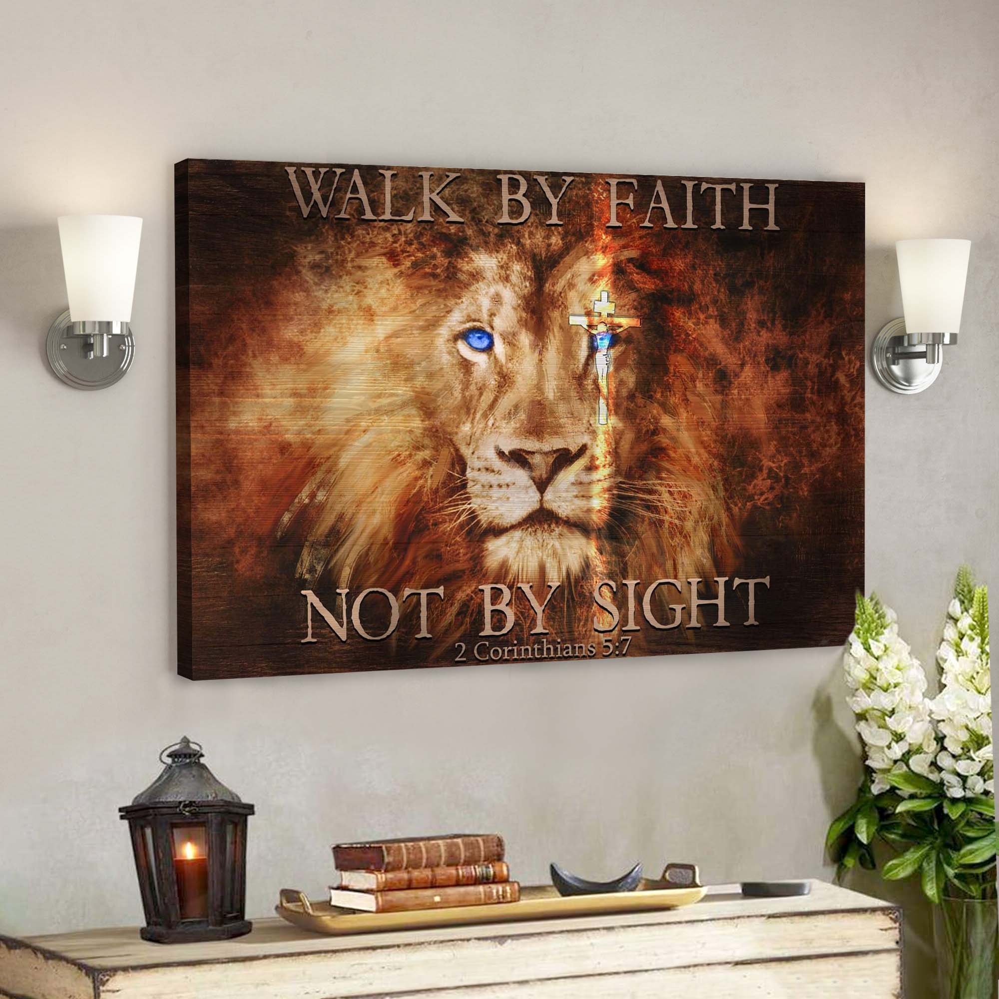 Fascinating Lion – Walk By Faith Not By Sight Jesus – Bible Verse Canvas – Scripture Canvas Wall Art