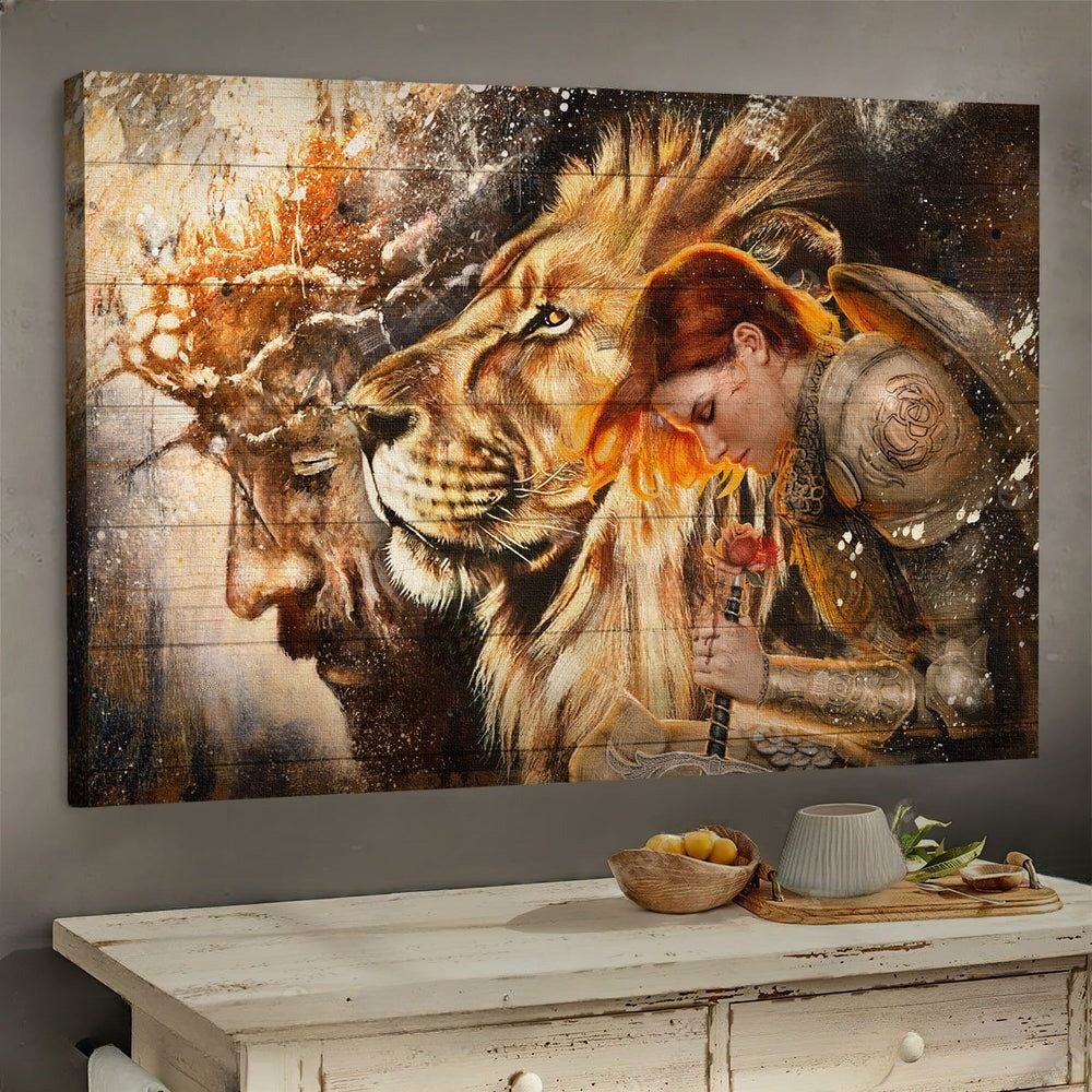 Female Knight Praying To Jesus Lion Of Judah Canvas Wall Art – Jesus Canvas Pictures – Christian Wall Posters