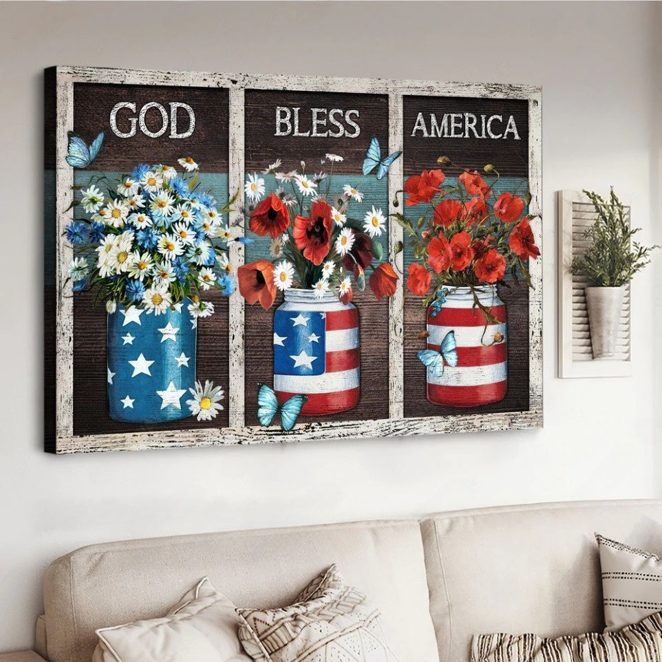 Flower Vases God Bless America Canvas Wall Art – Christian Poster – Religious Wall Decor