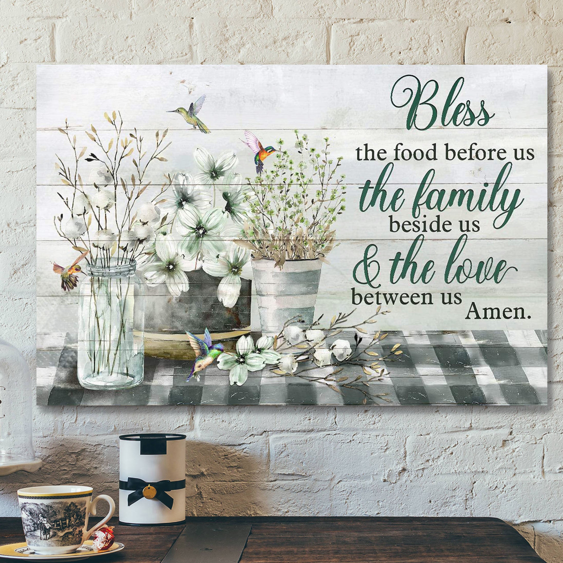 Flower Vases With Hummingbird – Bless The Food Before Us – Bible Verse Canvas – Scripture Canvas Wall Art