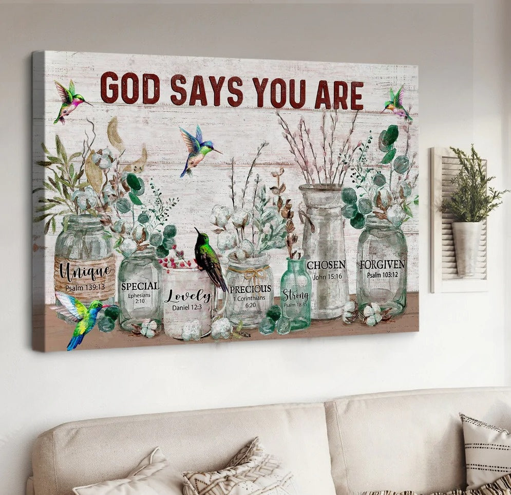 Flower Vintage Garden Hummingbird God Says You Are Unique Canvas Wall Art – Christian Poster – Religious Wall Decor