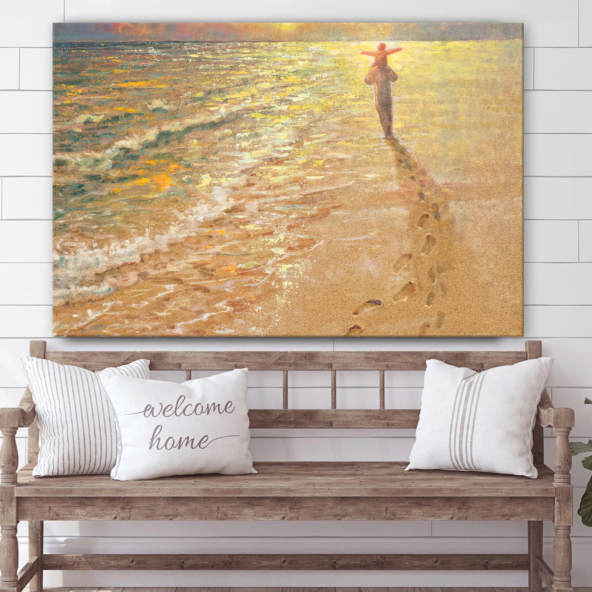 Footprints In The Sand Canvas Wall Art – Jesus & A Child Walk On The Beach Poster – Jesus Christ Canvas – Gift For Christian