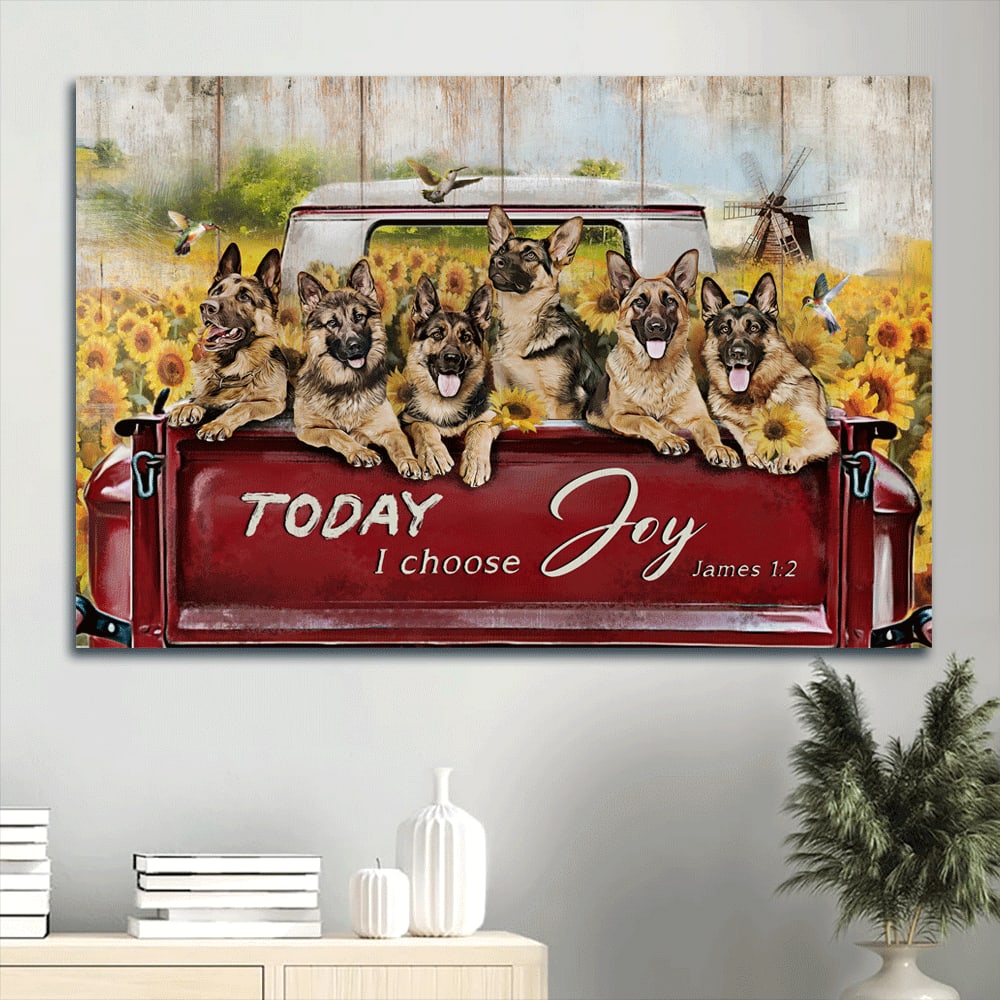 German Shepherd Sunflower Field Hummingbird Red Truck Gift For German Shepherd Lover Today I Choose Joy Canvas Wall Art – Christian Wall Decor