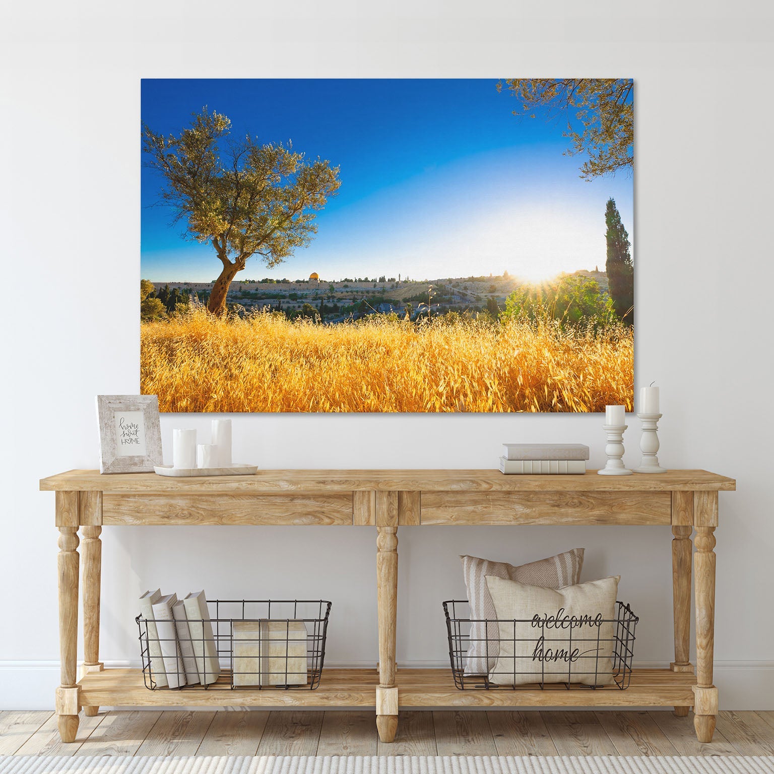 Gethsemane Olive Tree And Jerusalem At Dusk Canvas Wall Art – Large Gallery Wrapped Canvas Art