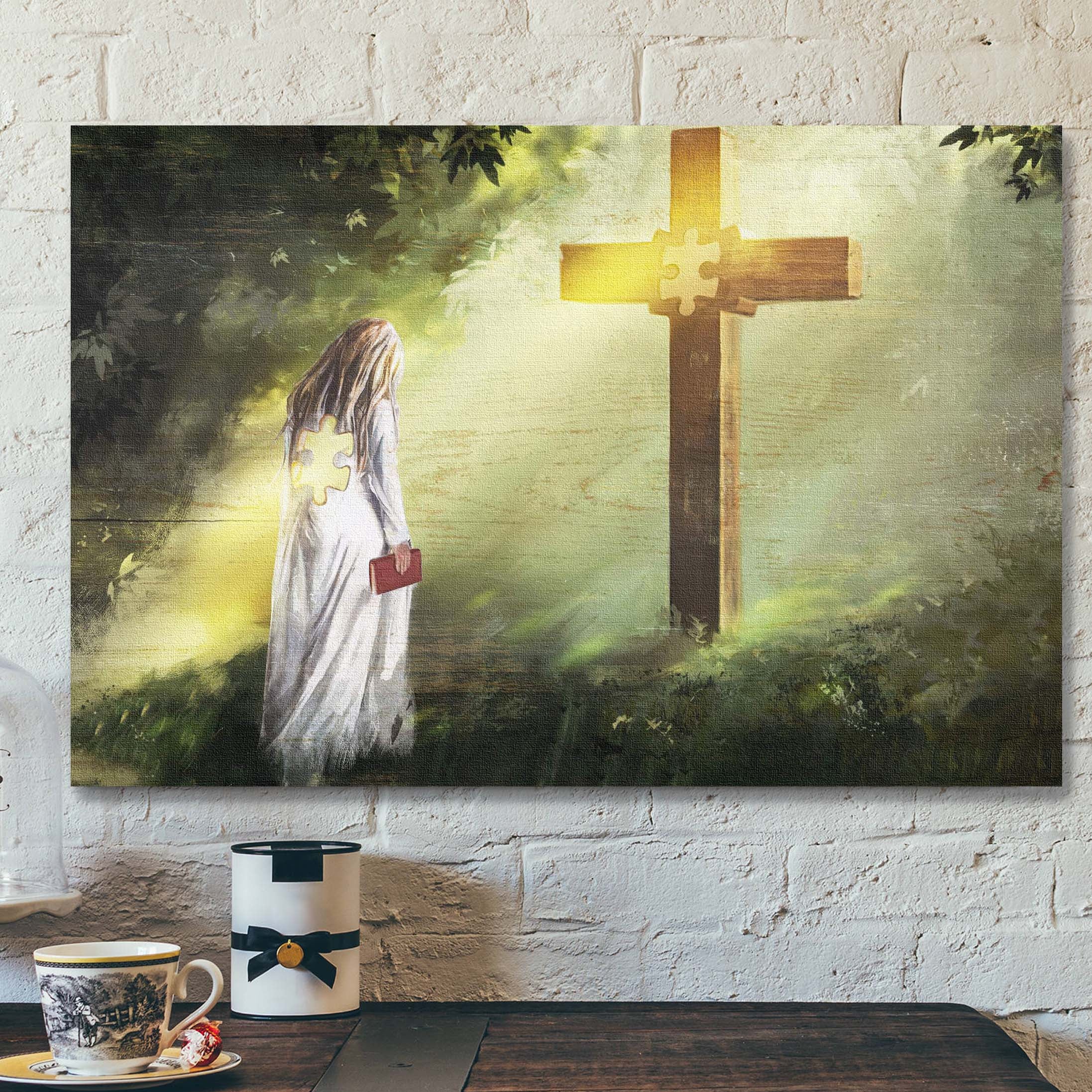 Girl Bowing Before Cross Canvas Wall Art – Bible Verse Canvas – Scripture Canvas Wall Art