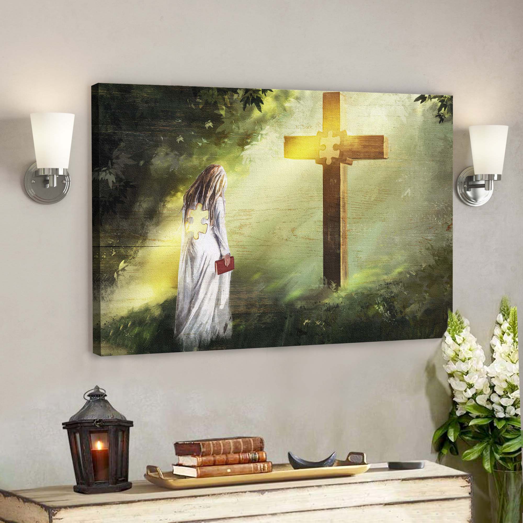 Girl Bowing Before Cross Canvas Wall Art – Bible Verse Canvas – Scripture Canvas Wall Art