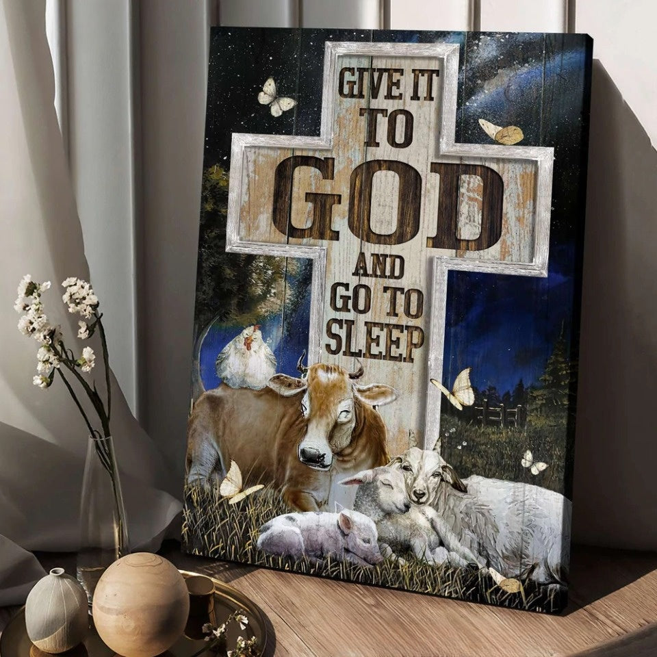 Give It To God And Go To Sleep Canvas Posters – Farm Cattle Night Sleep Star Sky Canvas Posters – Christian Wall Posters – Religious Wall Decor