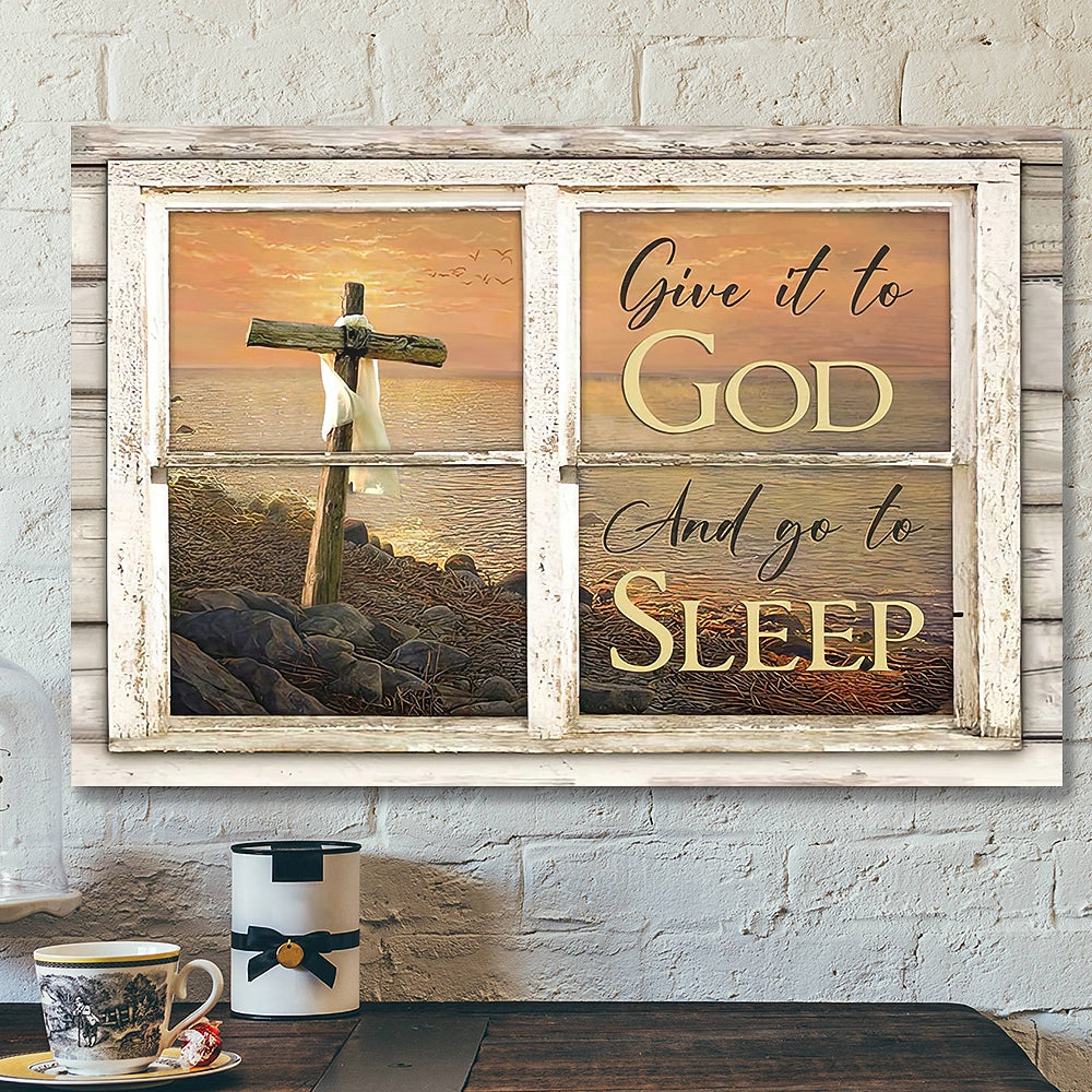 Give It To God And Go To Sleep Canvas Wall Art – Sunset, Wooden Cross, Beach – Landscape Canvas Prints – Christian Canvas Wall Art