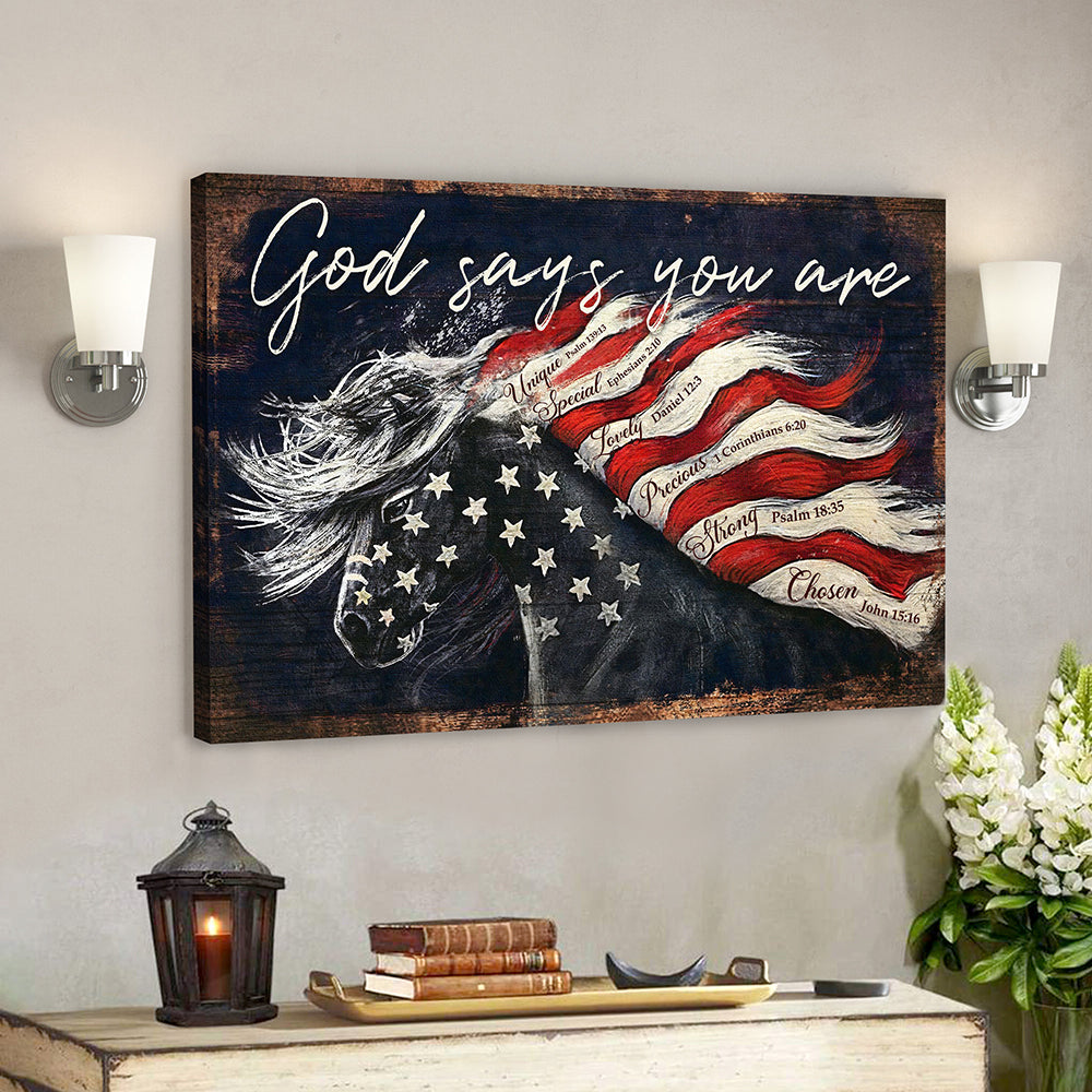 God Canvas – Jesus Canvas Art – Scripture Wall Decor – God Says You Are Horse Flag Canvas Poster