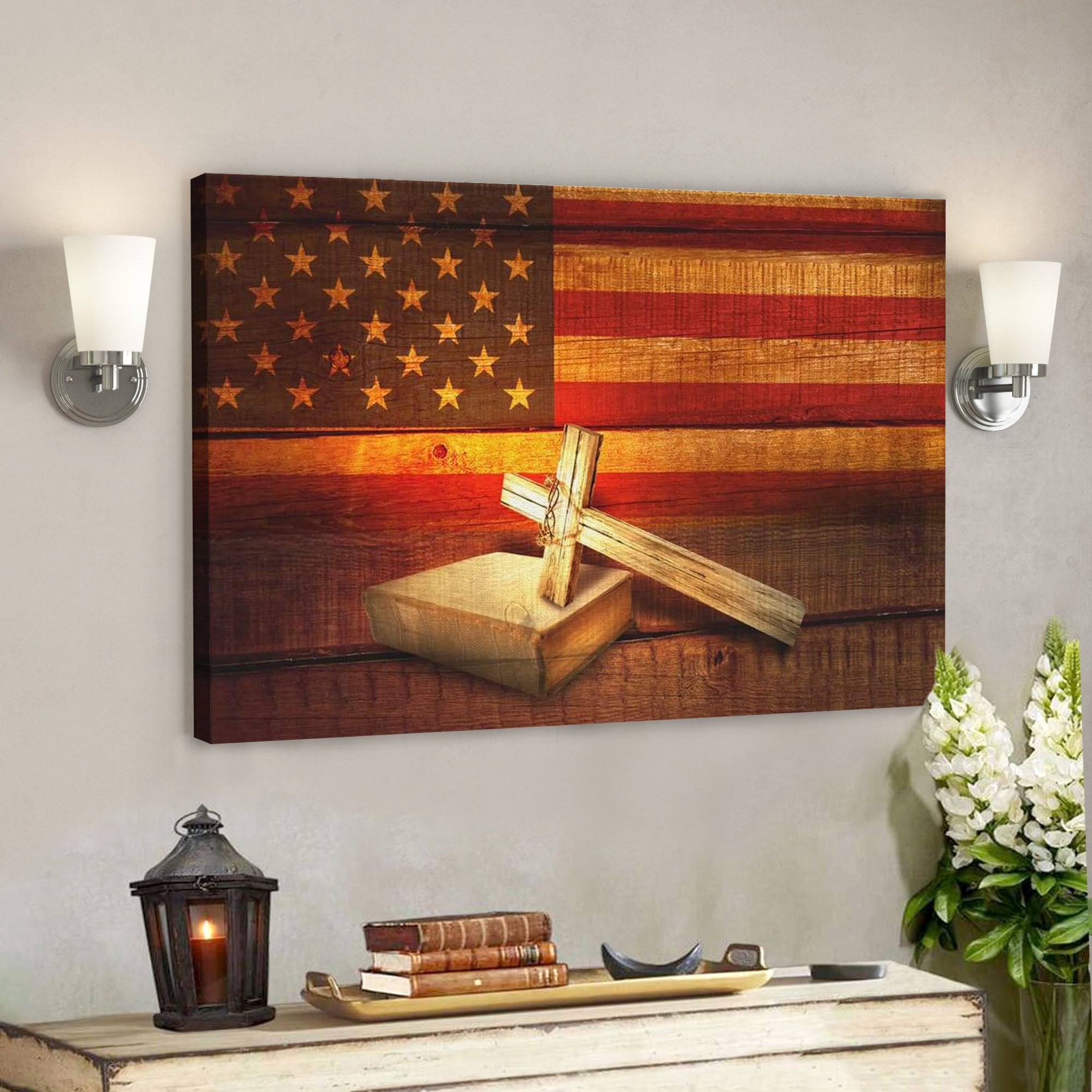 God Canvas Prints – Jesus Canvas Art – American Flag With Cross Holy Bible Canvas Print – Christian Wall Art