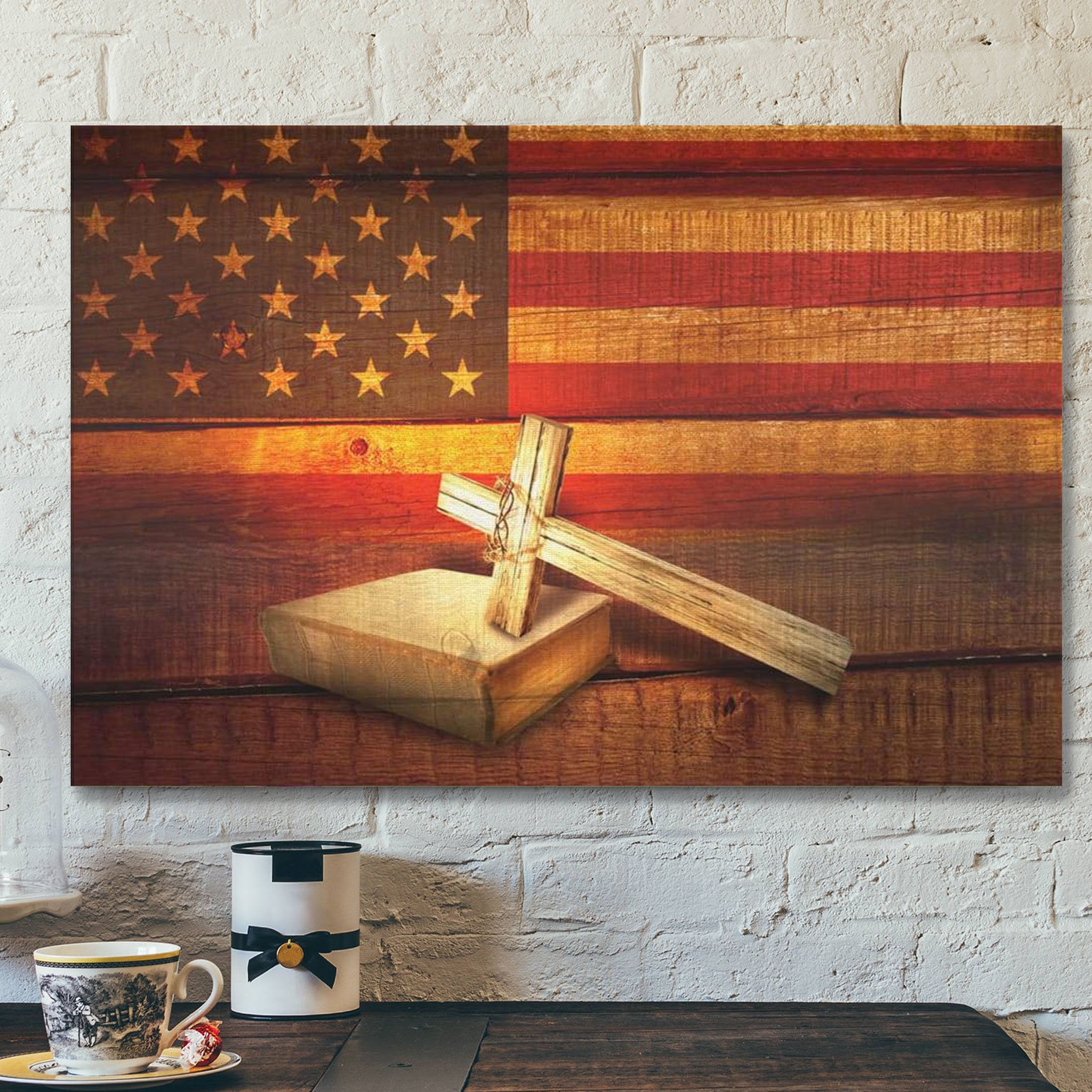 God Canvas Prints – Jesus Canvas Art – American Flag With Cross Holy Bible Canvas Print – Christian Wall Art