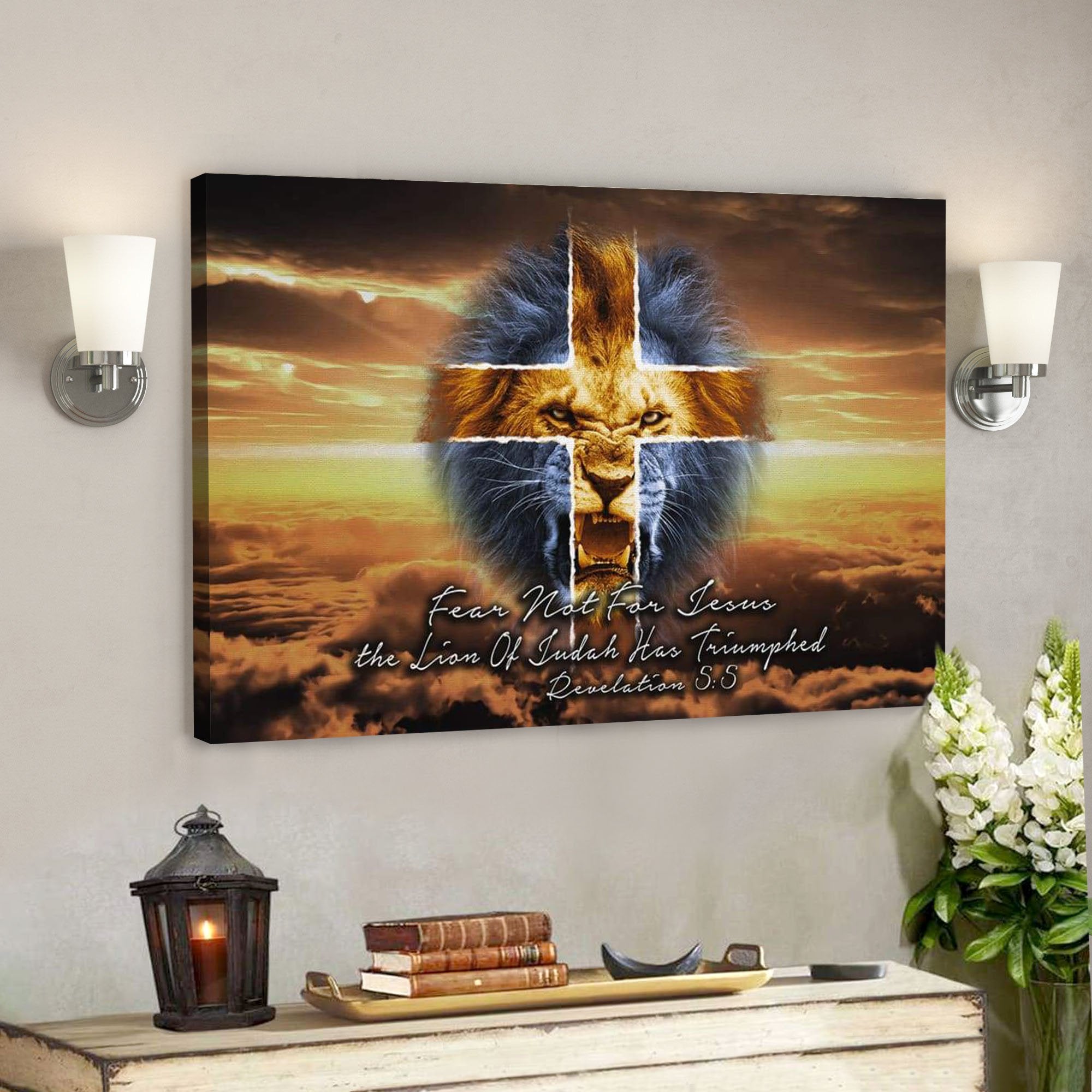 God Canvas Prints – Jesus Canvas Art – Bible Verse Wall Art Revelation 55 Fear Not For Jesus The Lion Of Judah Has Triumphed