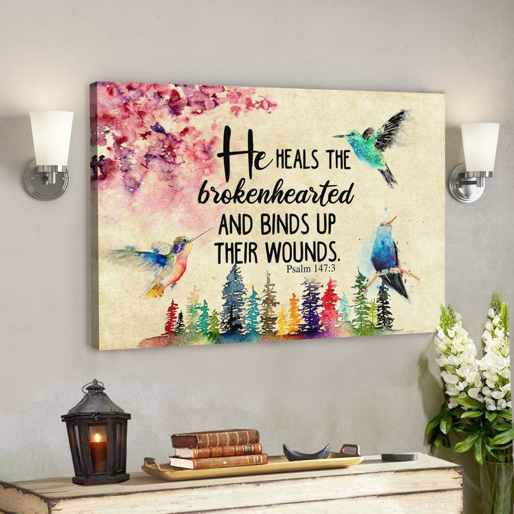 God Canvas Prints – Jesus Canvas Art – He Heals The Brokenhearted Psalm 1473 Bible Verse Wall Art Canvas