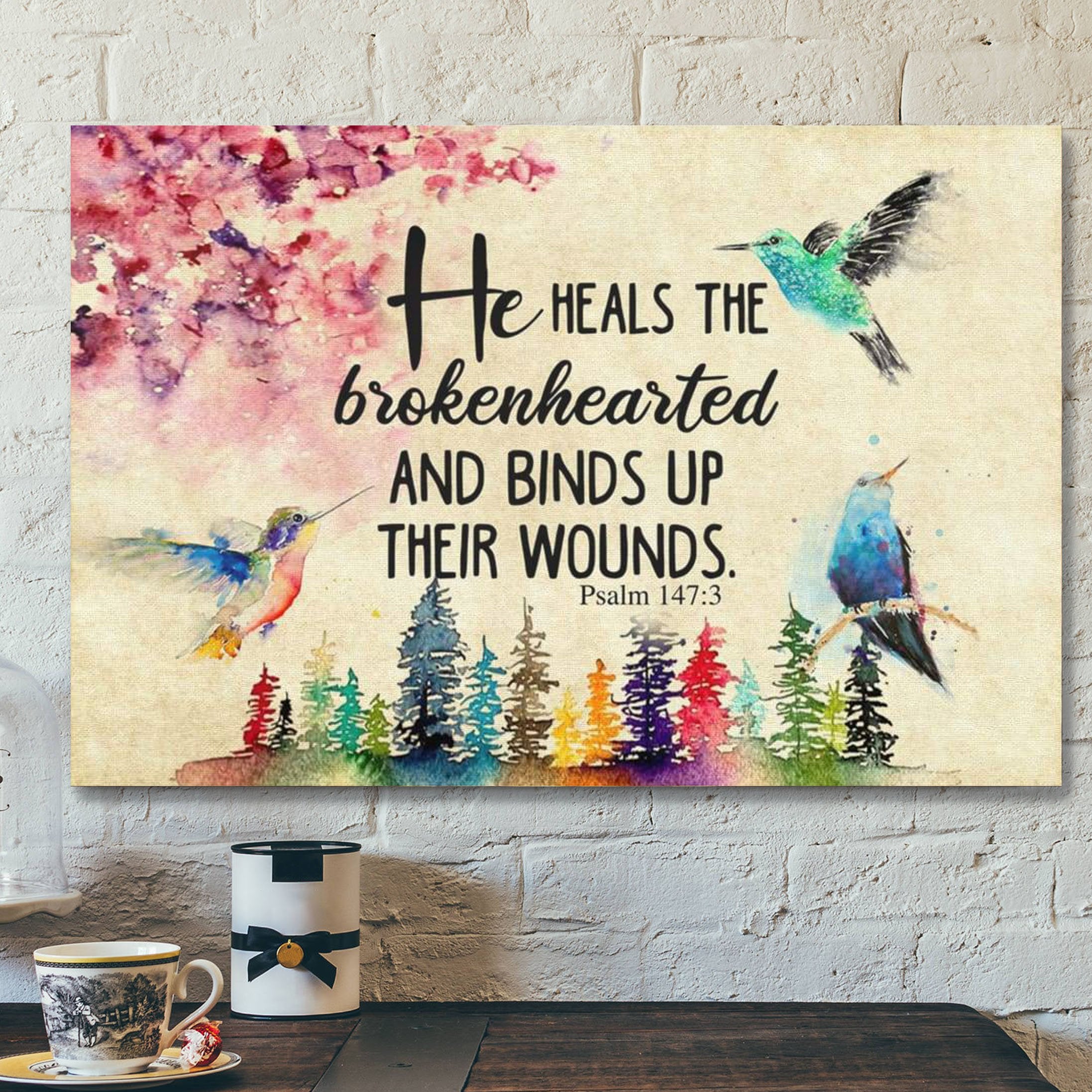 God Canvas Prints – Jesus Canvas Art – He Heals The Brokenhearted Psalm 1473 Bible Verse Wall Art Canvas