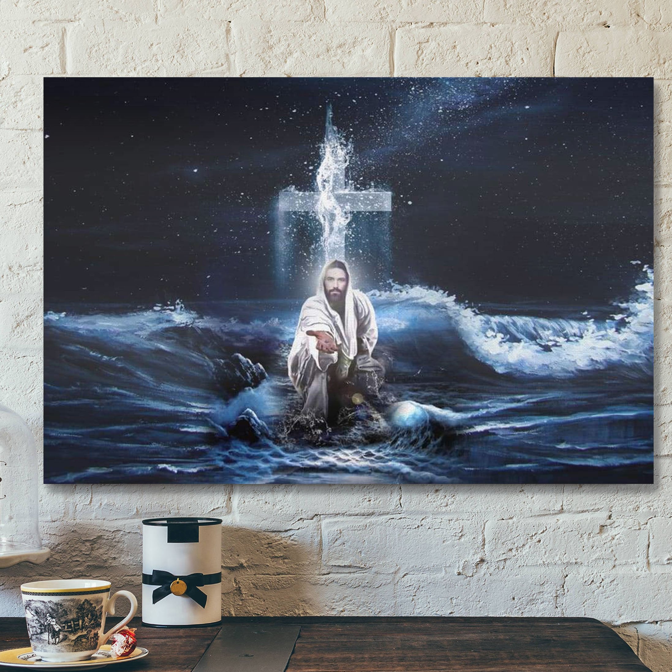 God Canvas Prints – Jesus Canvas Art – Jesus Outstretched Hands Saves Canvas Wall Art – Horizontal Christian Wall Art