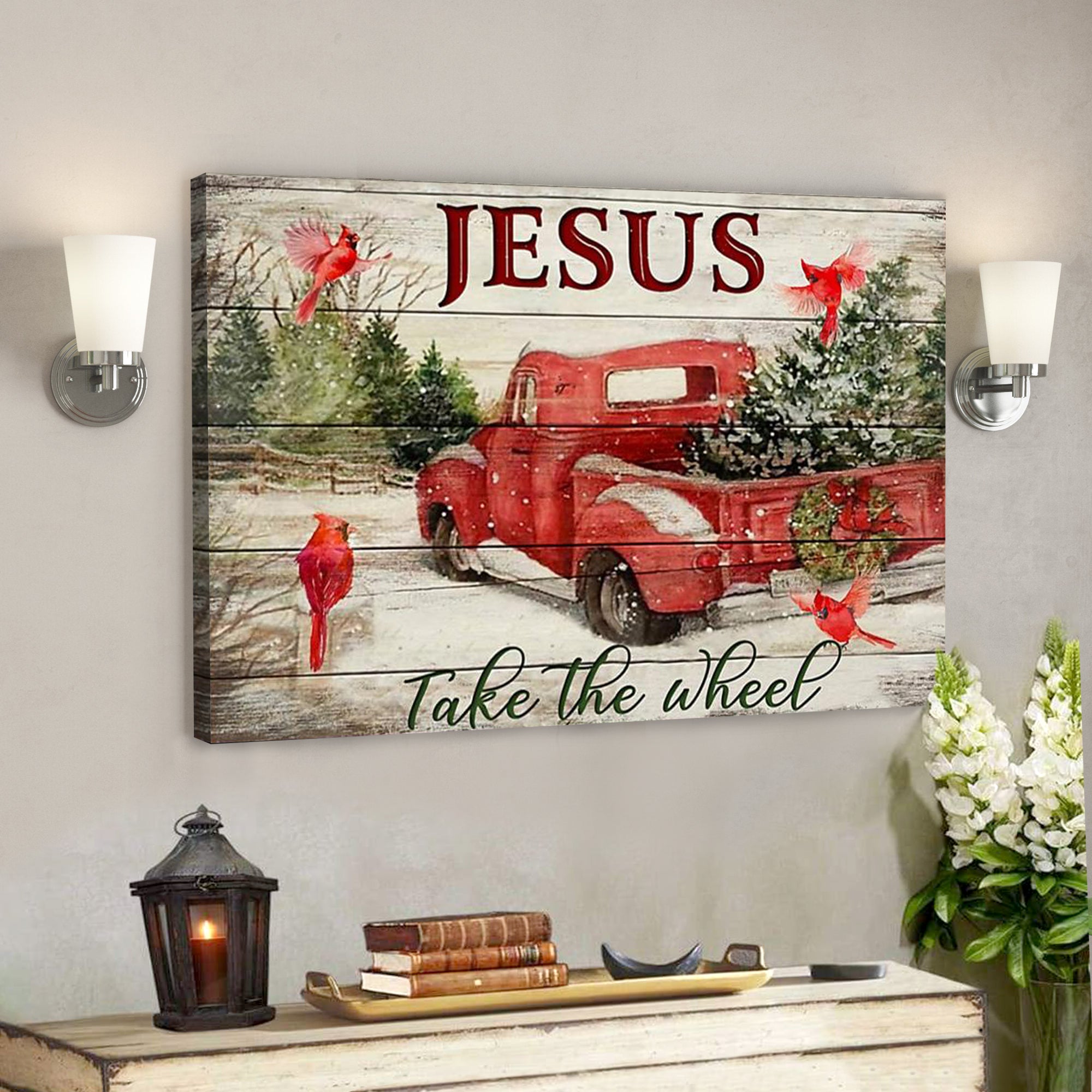 God Canvas Prints – Jesus Canvas Art – Jesus Take The Wheel Red Truck Cardinal