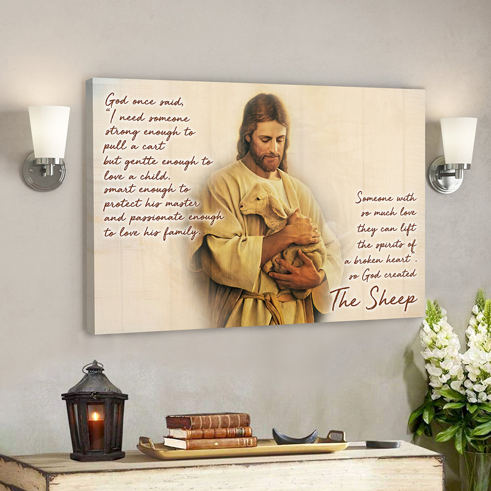 God Hugs Sheep – God On Said 3 – Bible Verse Canvas Wall Art – Scripture Canvas