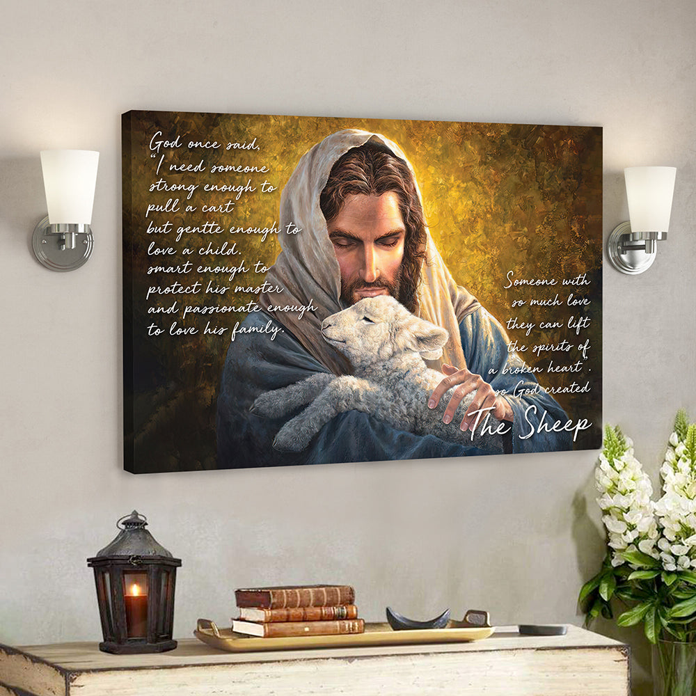 God Hugs Sheep – God On Said 6 – Bible Verse Canvas Wall Art – Scripture Canvas