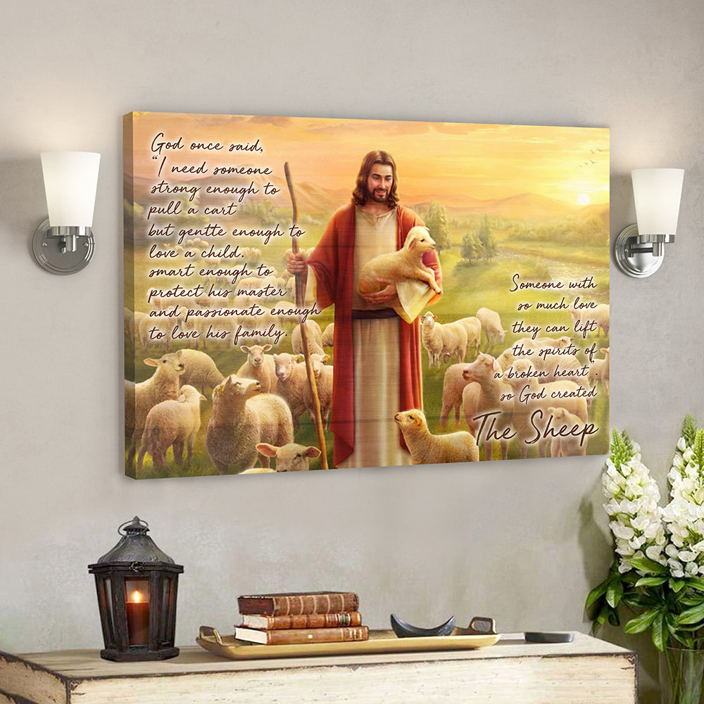 God Hugs Sheep – God On Said 7 – Bible Verse Canvas Wall Art – Scripture Canvas