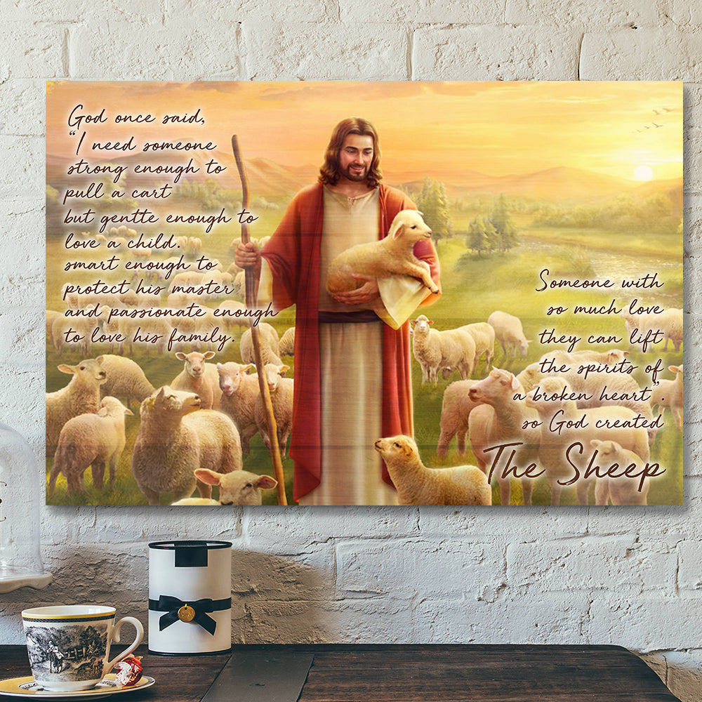 God Hugs Sheep – God On Said 7 – Bible Verse Canvas Wall Art – Scripture Canvas