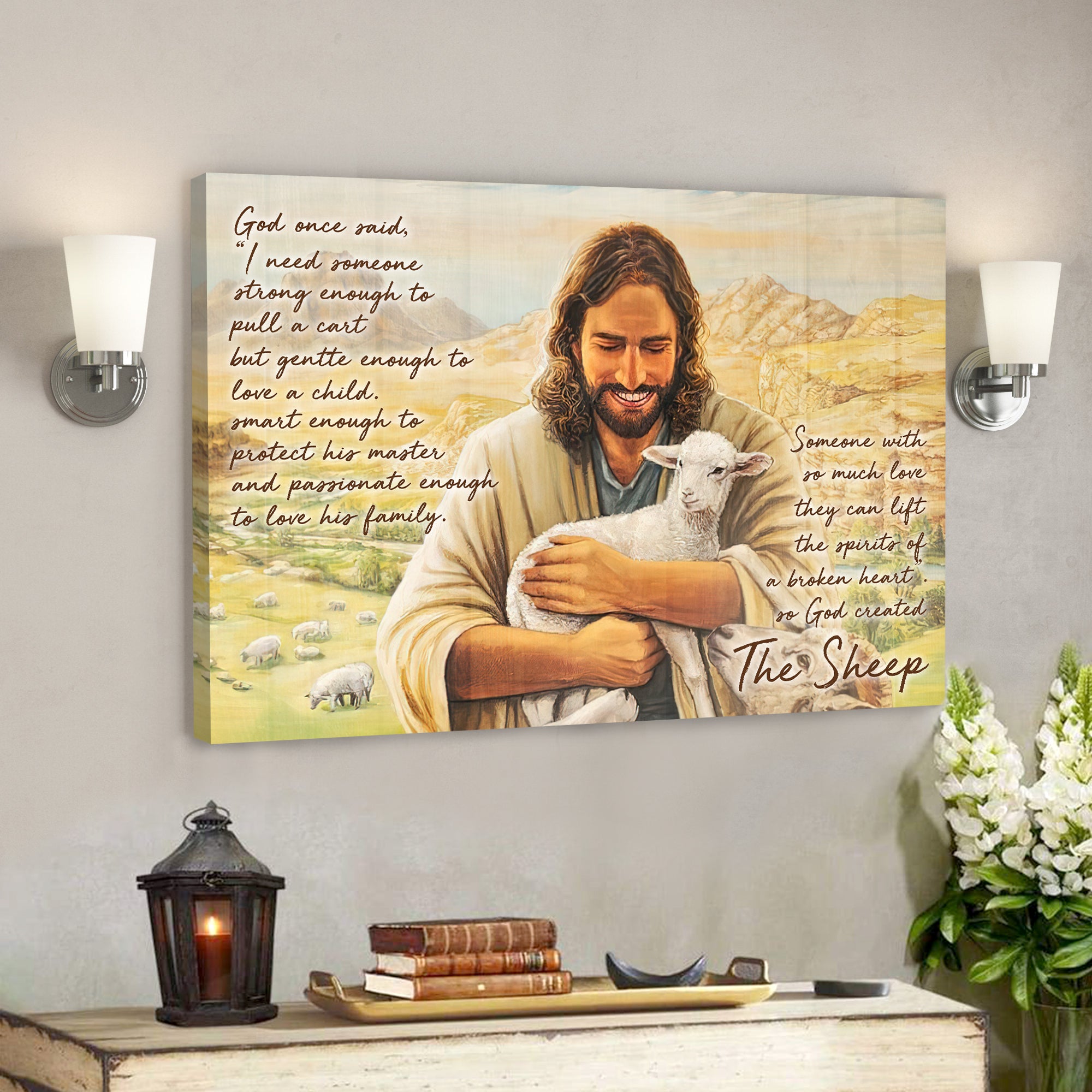 God Hugs Sheep – God On Said 8 – Bible Verse Canvas Wall Art – Scripture Canvas