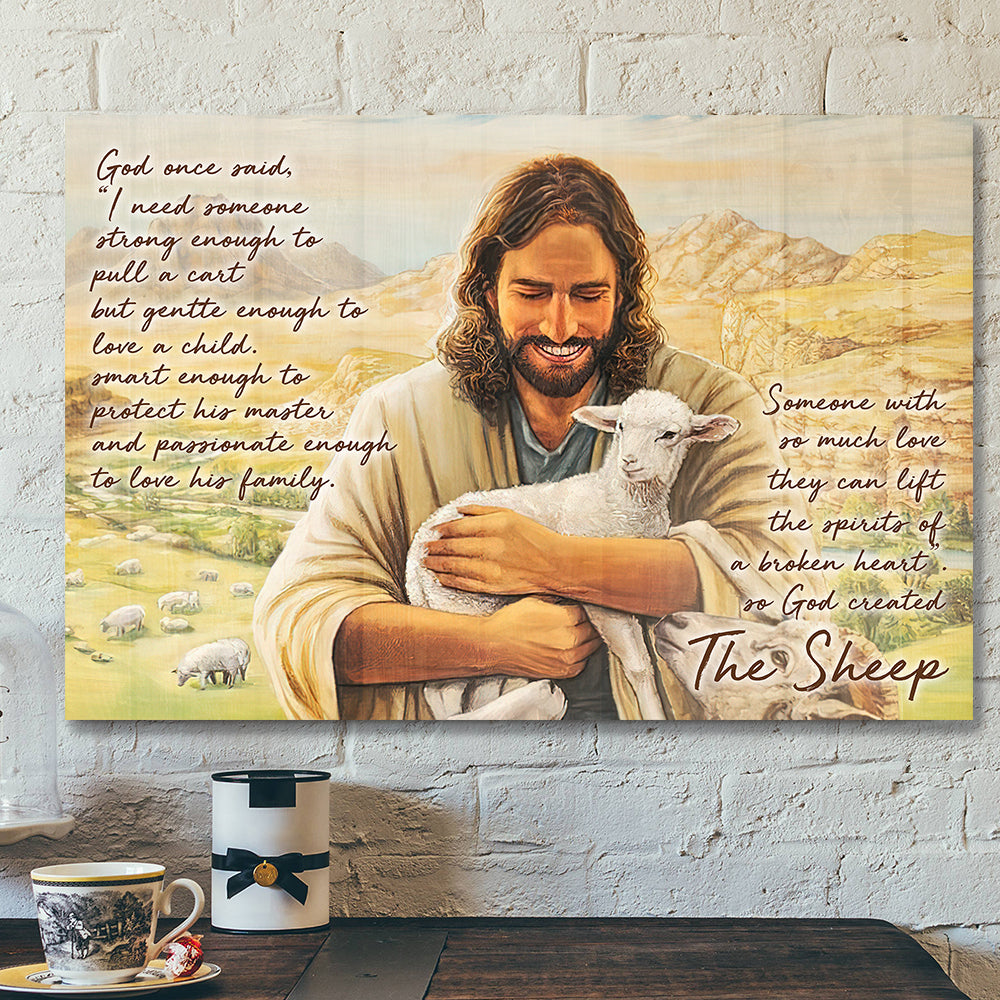 God Hugs Sheep – God On Said 8 – Bible Verse Canvas Wall Art – Scripture Canvas