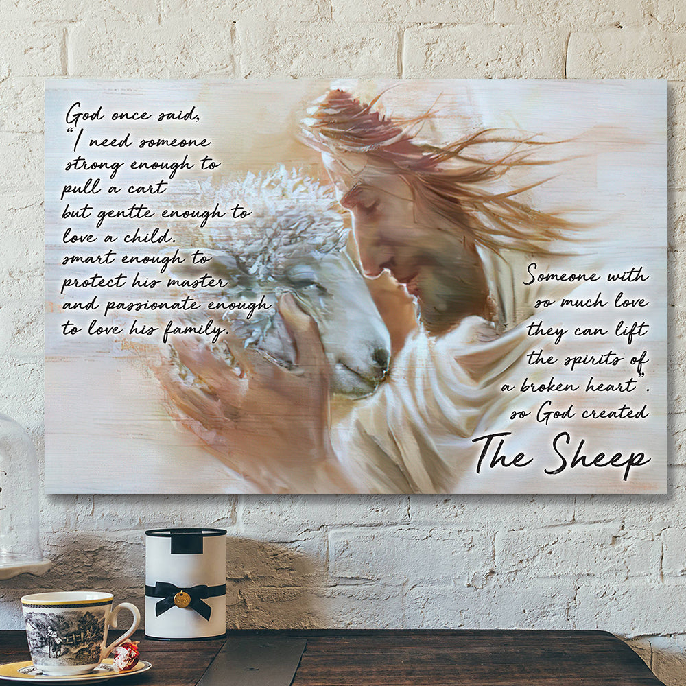 God Hugs Sheep – God On Said – Bible Verse Canvas Wall Art – Scripture Canvas