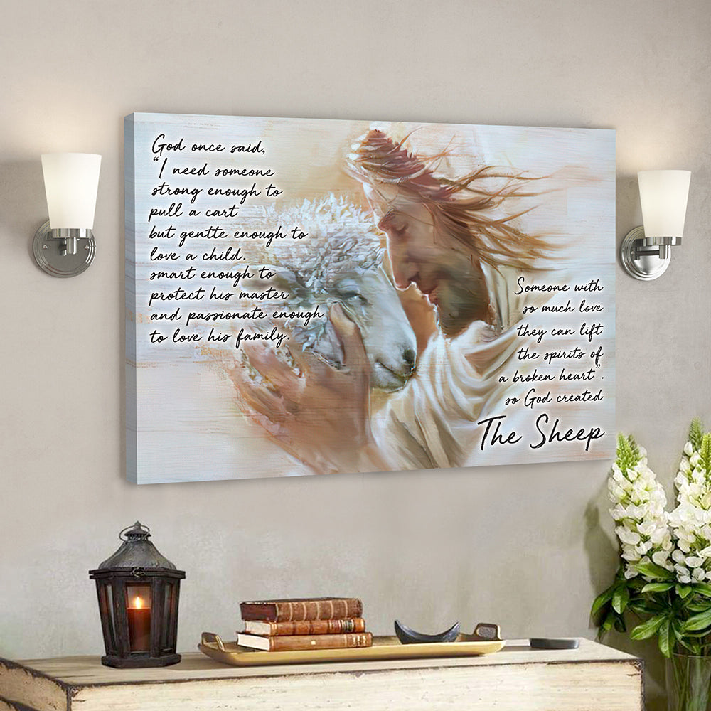 God Hugs Sheep – God On Said – Bible Verse Canvas Wall Art – Scripture Canvas